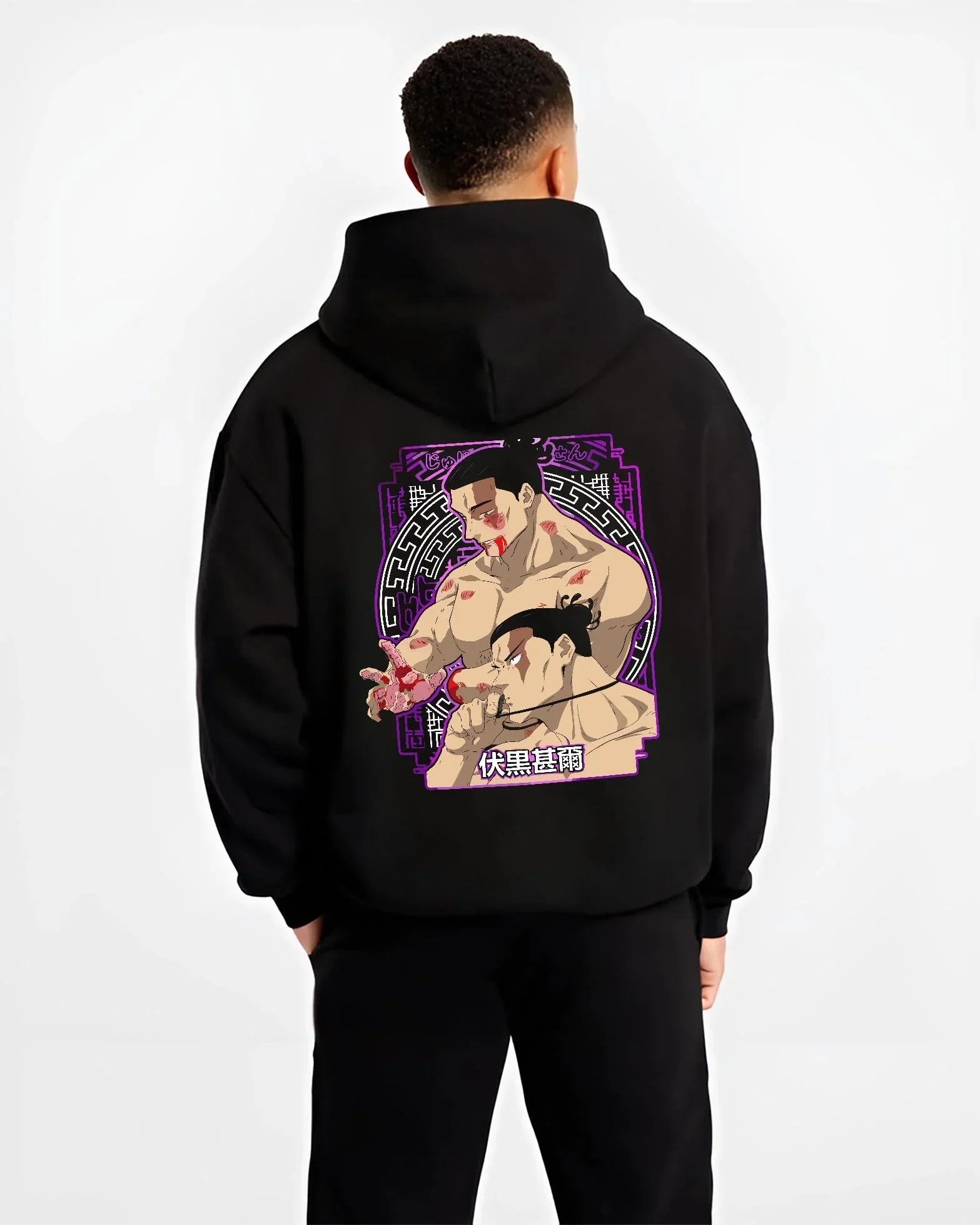 Black hoodie worn by male model, back view with Toudou Hoodie Jujutsu Kaisen Aoi Toudou Divergent graphic streetwear graphic.