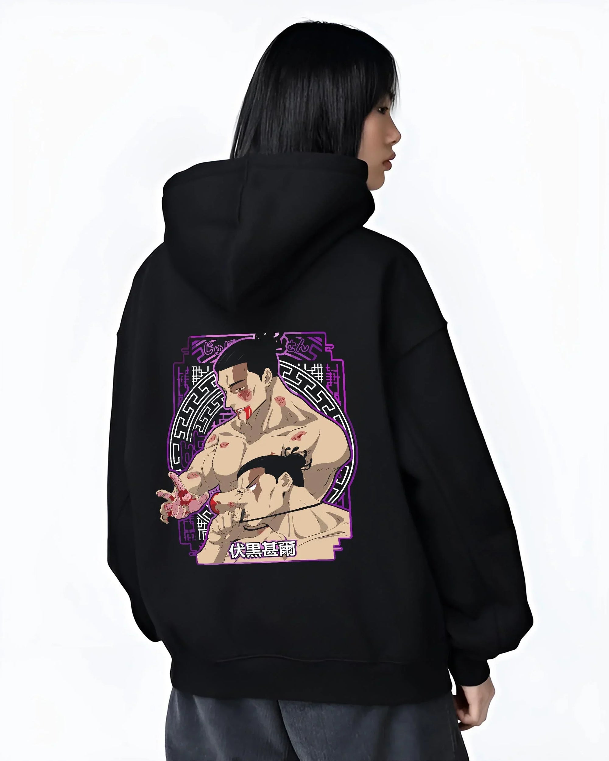 Black hoodie worn by female model, back view with Toudou Hoodie Jujutsu Kaisen Aoi Toudou Divergent graphic streetwear graphic.