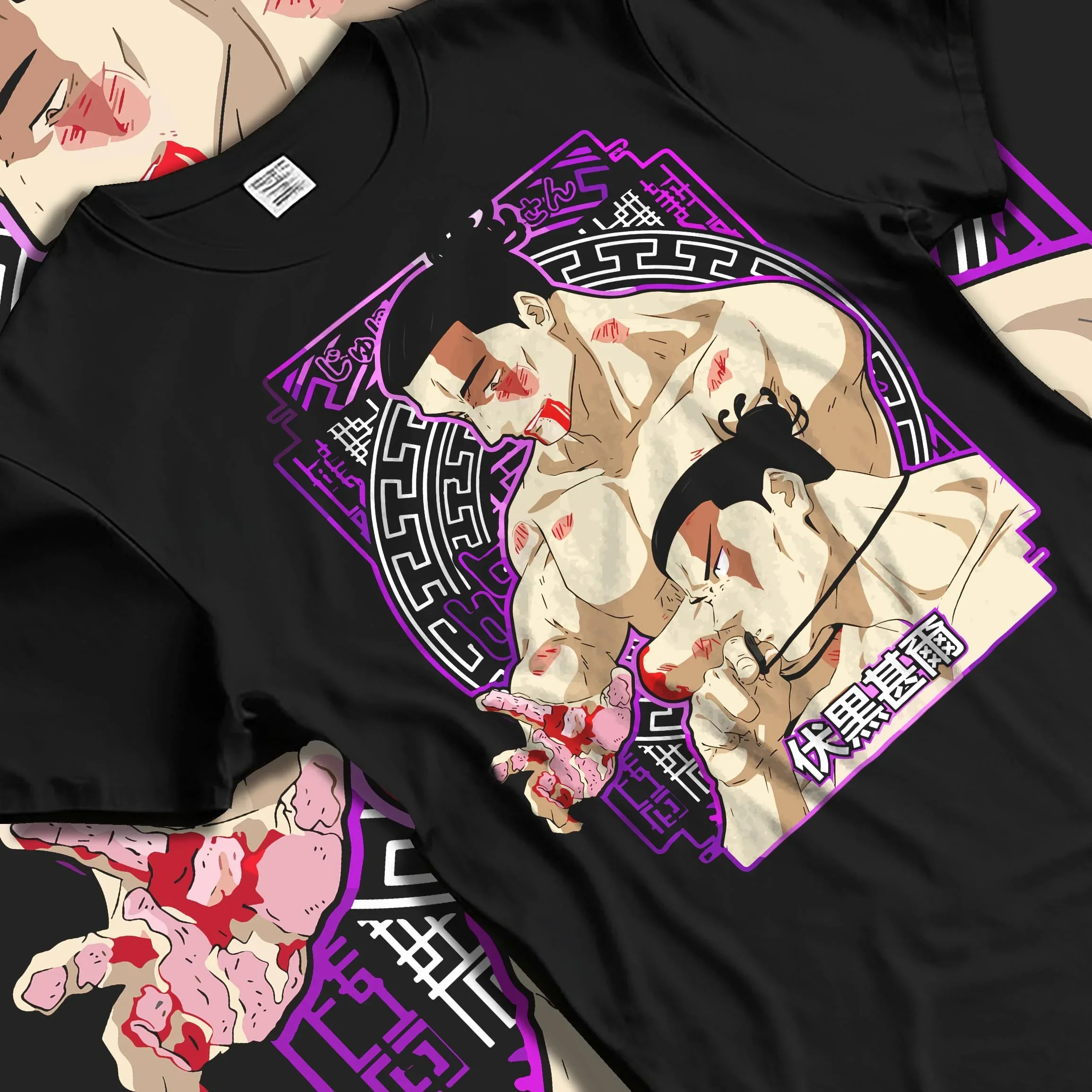 Black T-shirt laid flat with natural folds with Toudou Hoodie Jujutsu Kaisen Aoi Toudou Divergent graphic streetwear graphic.