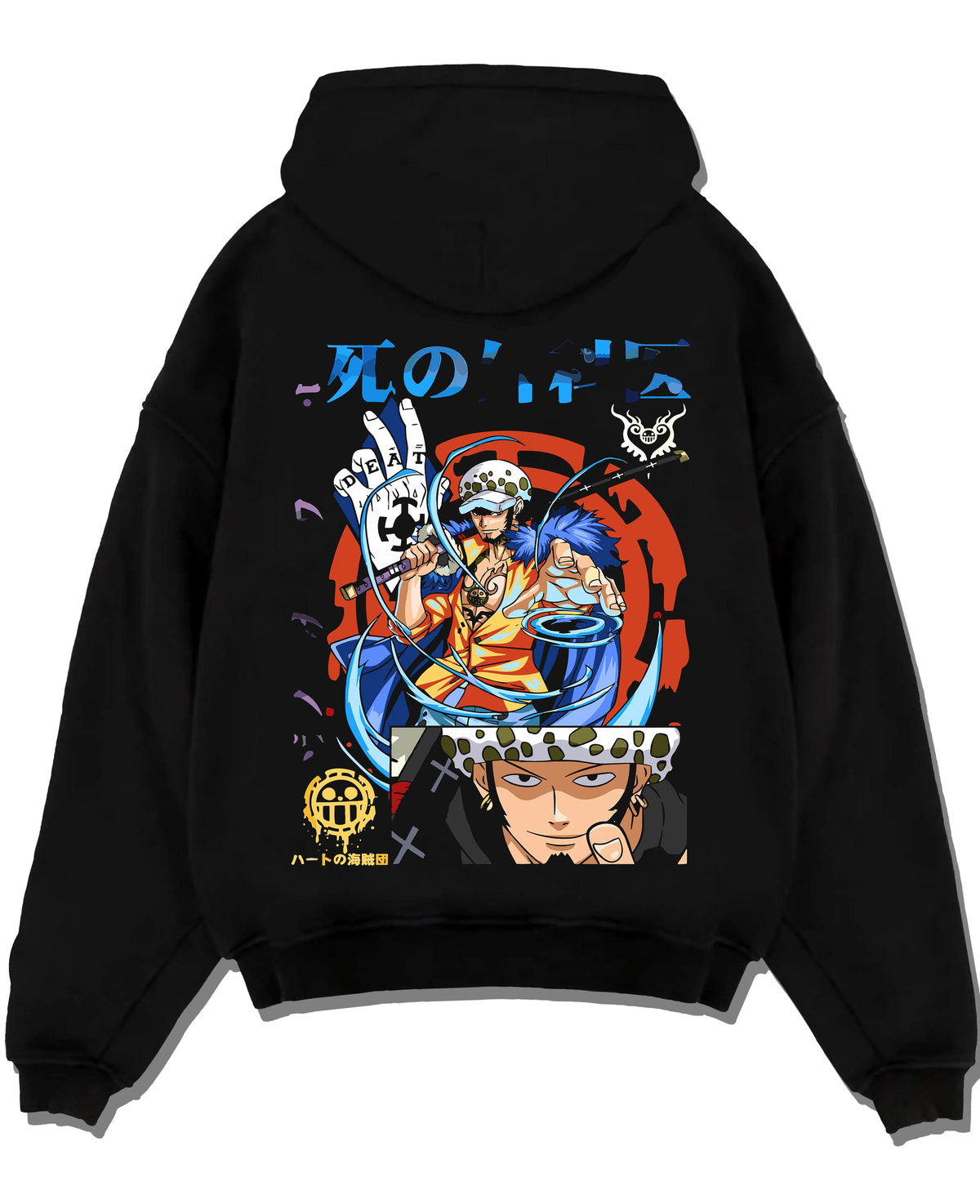 Black hoodie laid flat featuring Trafalgar Law Surgeon of Death ROOM power One Piece artwork.
