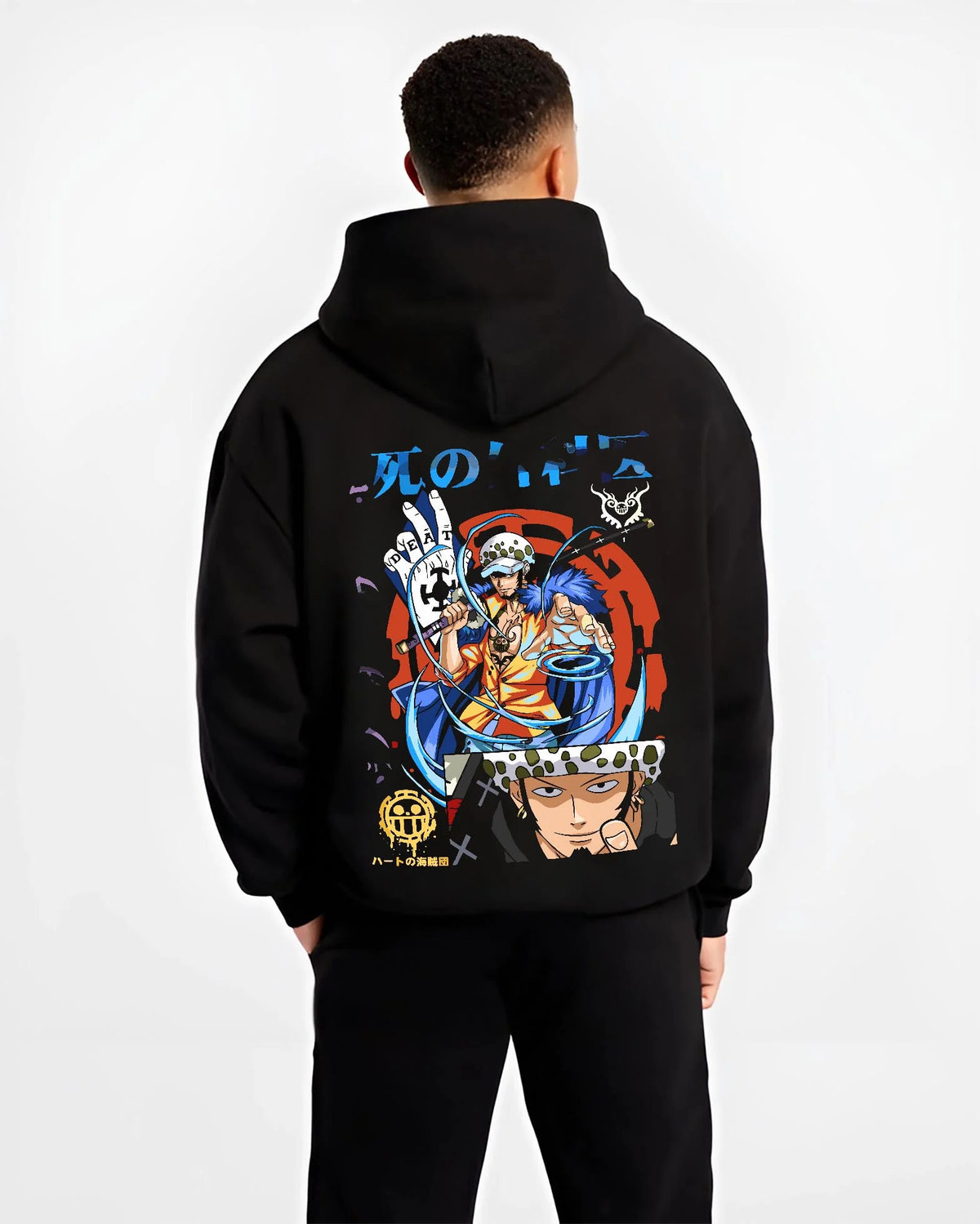 Black hoodie worn by male model from the back featuring Trafalgar Law Surgeon of Death ROOM power One Piece artwork.