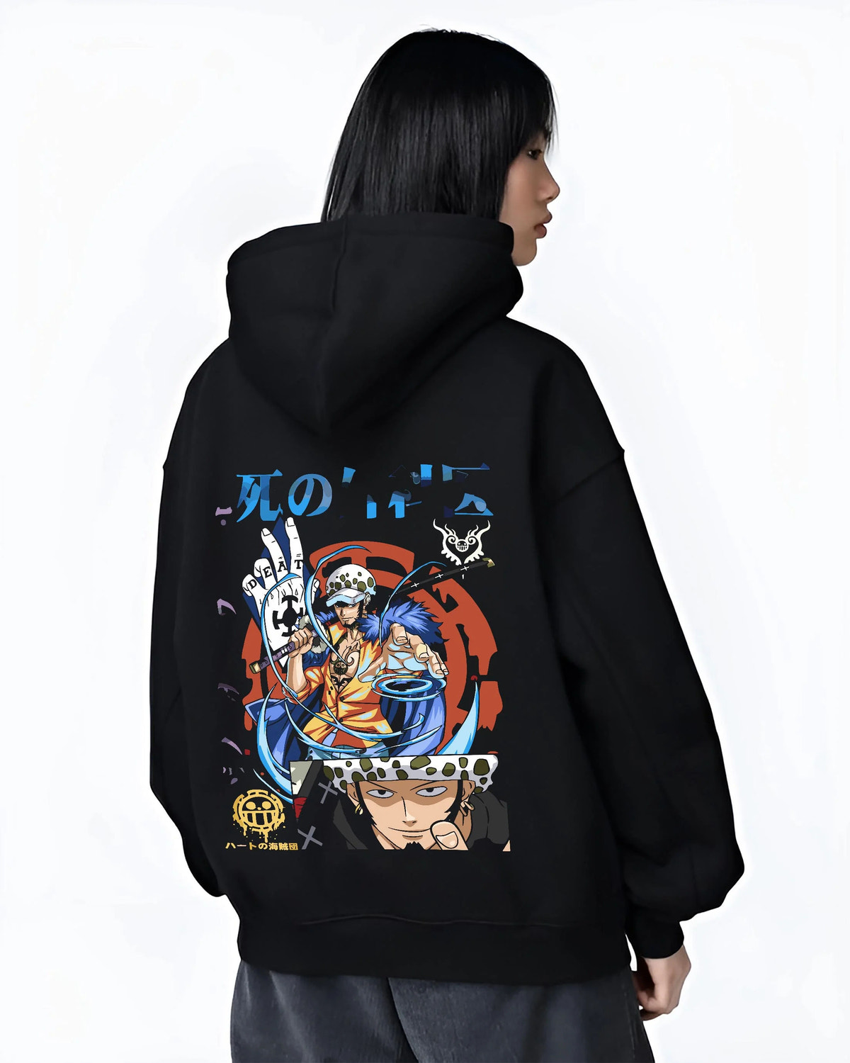 Black hoodie worn by female model from the back featuring Trafalgar Law Surgeon of Death ROOM power One Piece artwork.