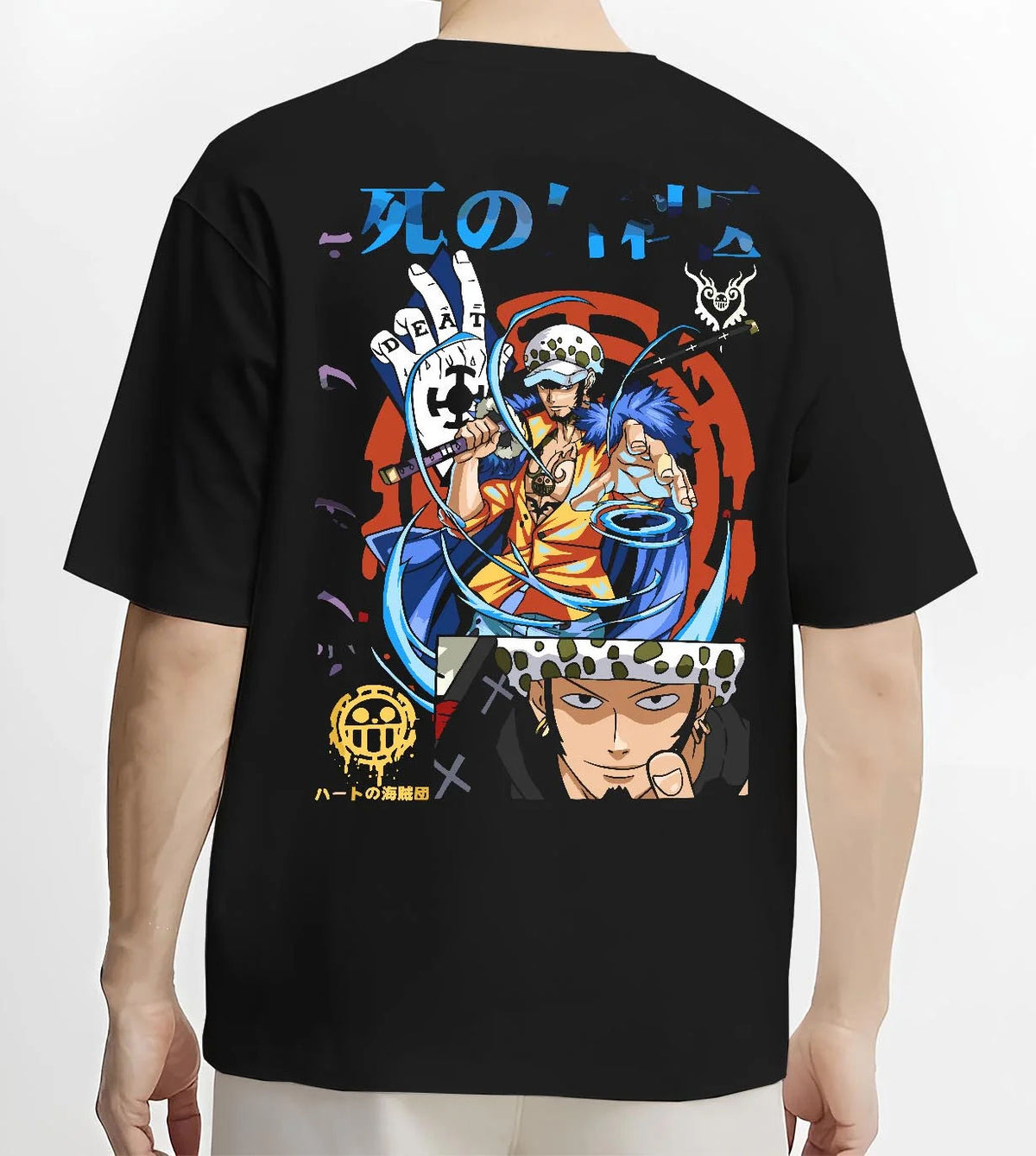 Black T-shirt worn by male model from the back featuring Trafalgar Law Surgeon of Death ROOM power One Piece artwork.