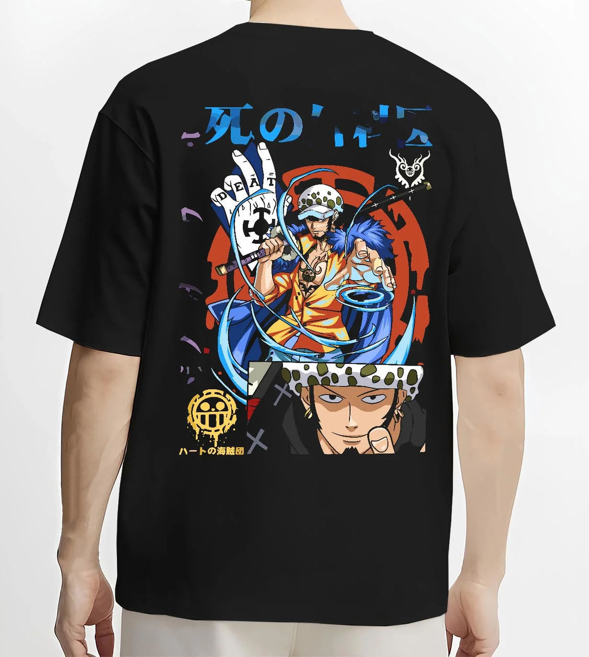 Black T-shirt worn by male model from the back featuring Trafalgar Law Surgeon of Death ROOM power One Piece artwork.