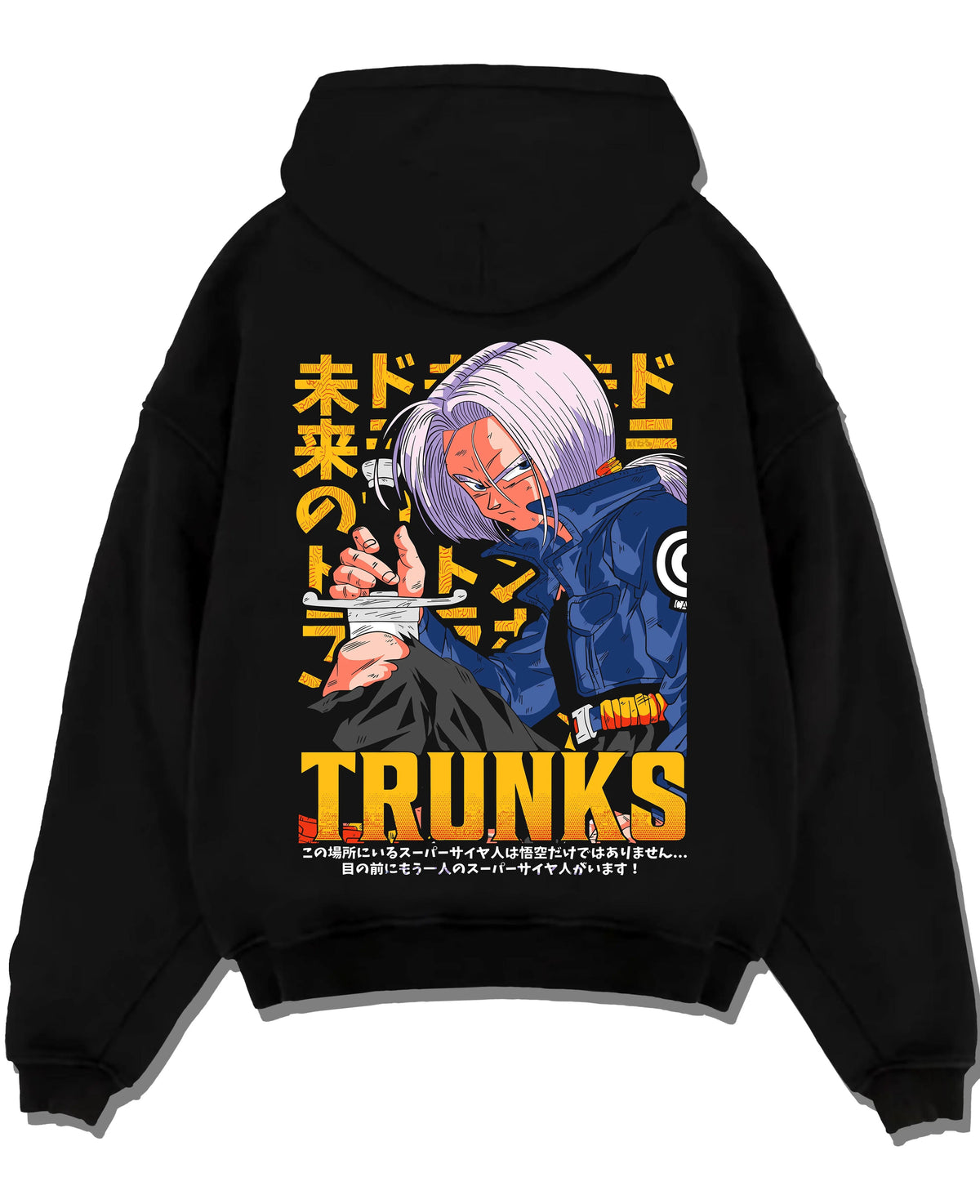 Black hoodie laid flat featuring Future Trunks blue hair sword Dragon Ball Super artwork.