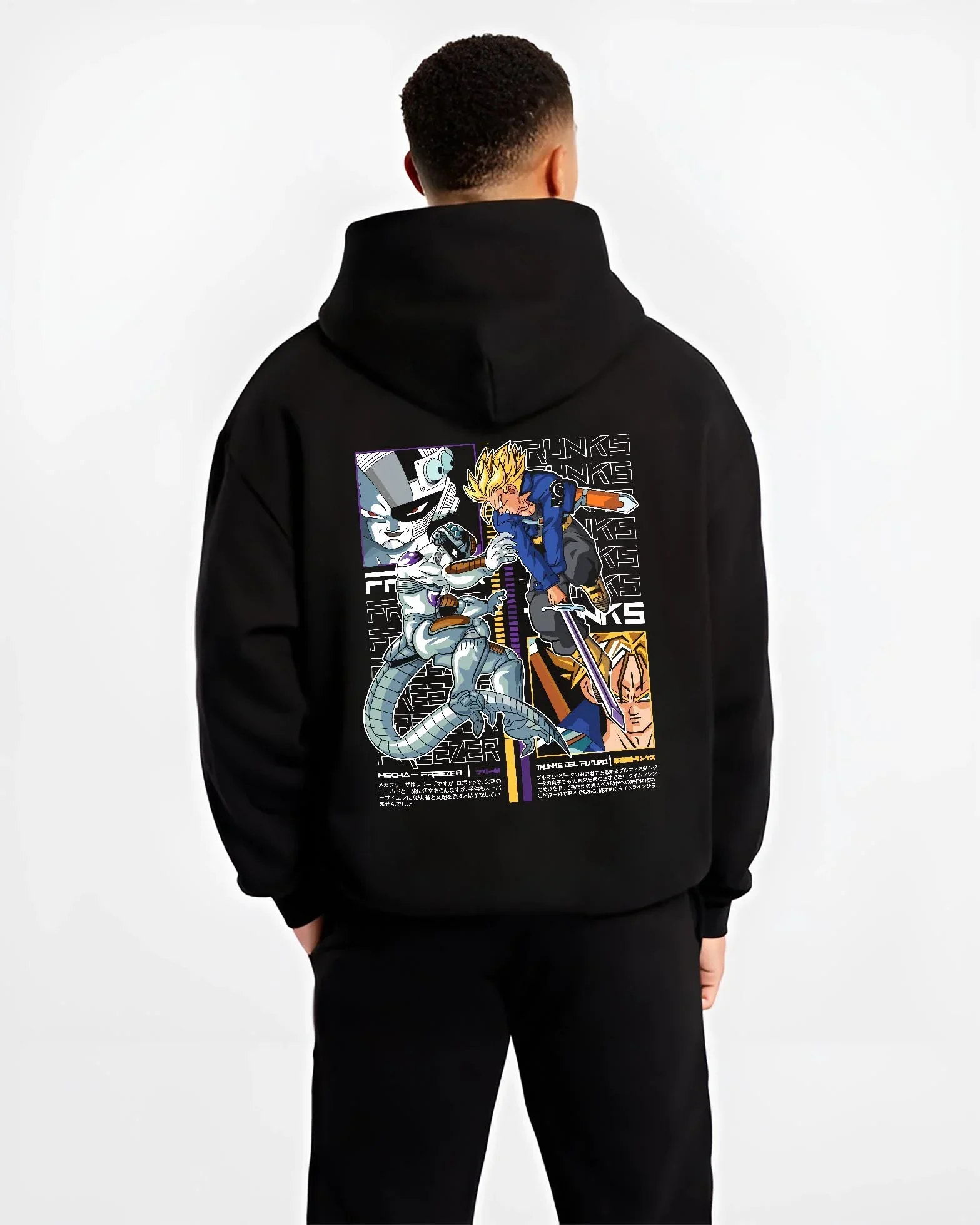 Black hoodie worn by male model, back view with Trunks Frieza Hoodie Dragon Ball Z Saiyan Villain graphic bold anime graphic.