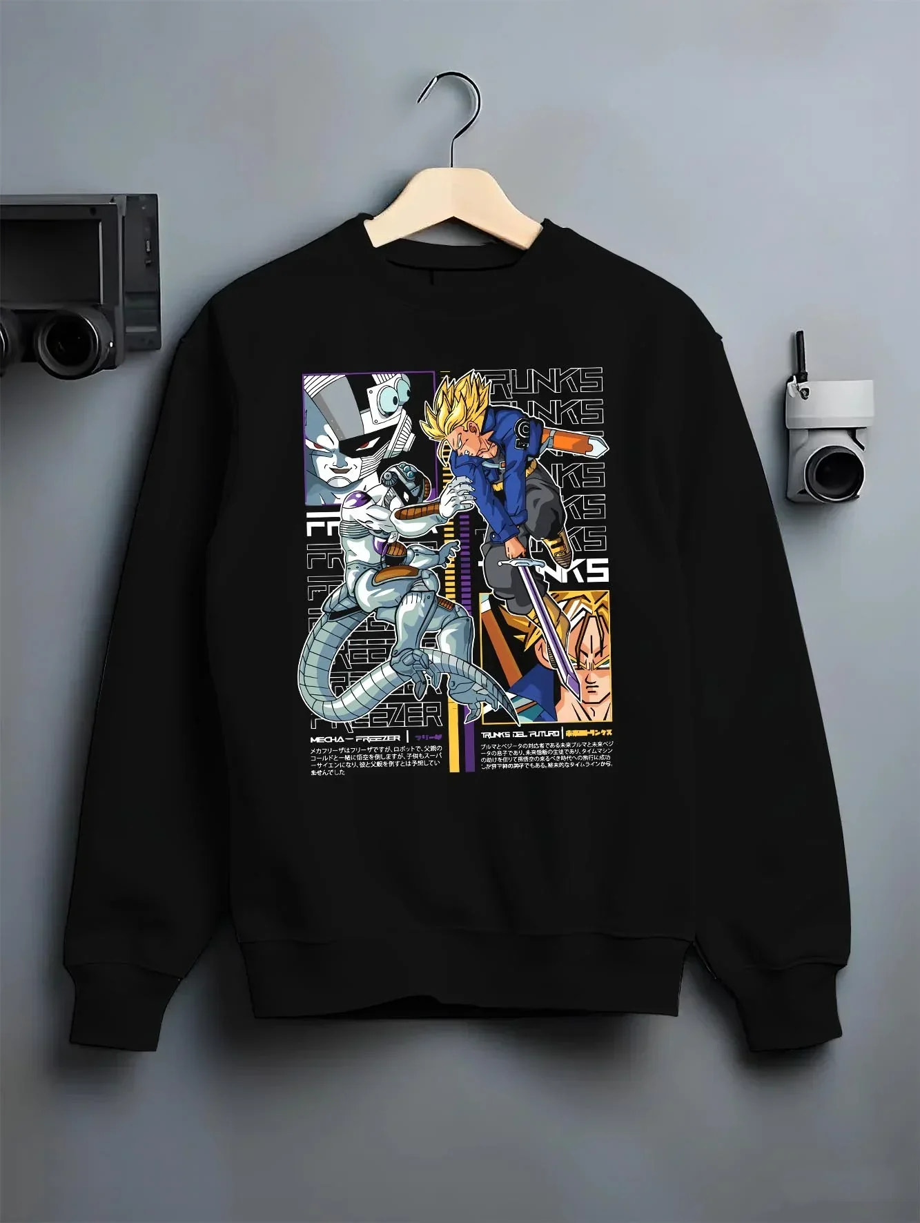 Black crewneck sweatshirt on hanger with Trunks Frieza Hoodie Dragon Ball Z Saiyan Villain graphic premium wear.