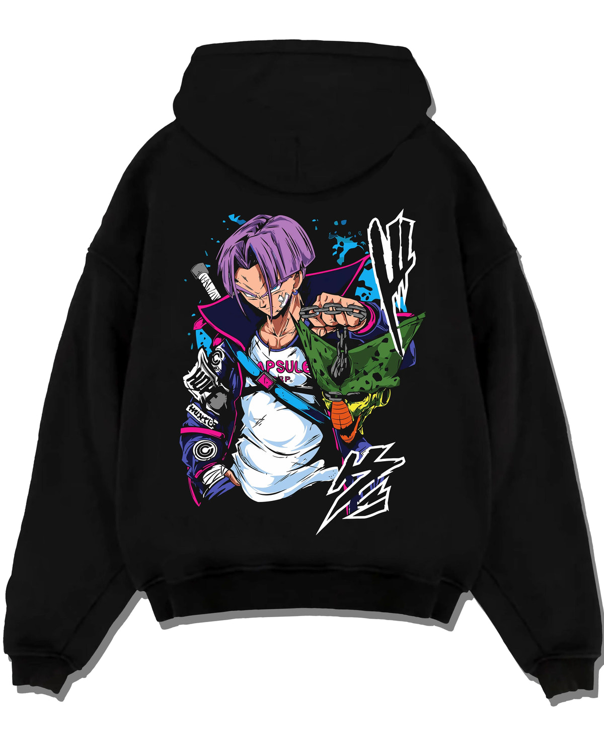 Black hoodie laid flat featuring Future Trunks purple hair sword battle Dragon Ball artwork.