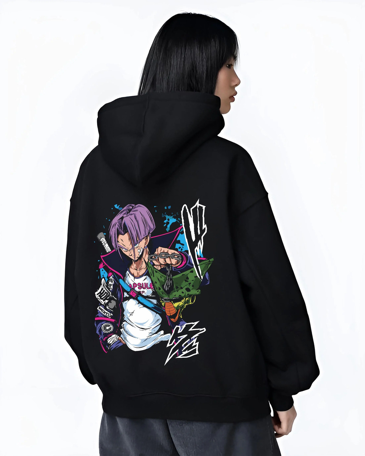 Black hoodie worn by female model from the back featuring Future Trunks purple hair sword battle Dragon Ball artwork.