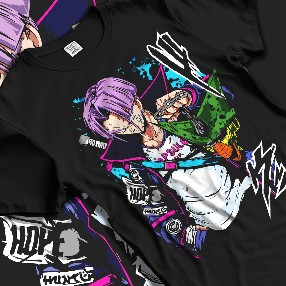 Black T-shirt laid flat with natural folds featuring Future Trunks purple hair sword battle Dragon Ball artwork.