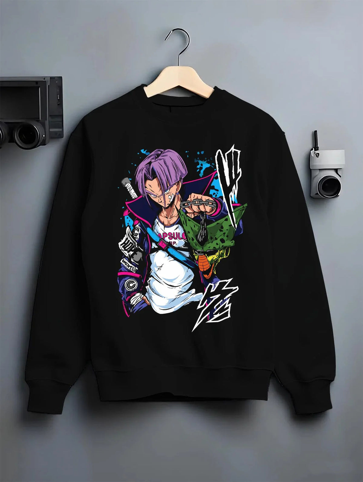 Black crewneck sweatshirt on hanger featuring Future Trunks purple hair sword battle Dragon Ball artwork.