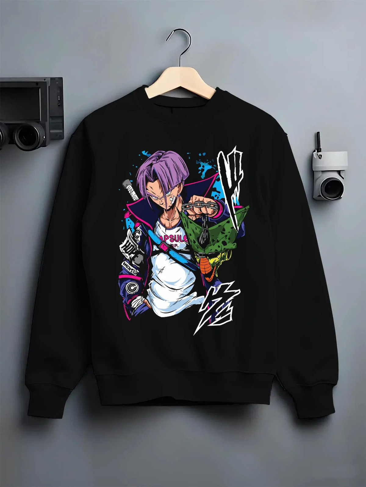 Black crewneck sweatshirt on hanger featuring Future Trunks purple hair sword battle Dragon Ball artwork.