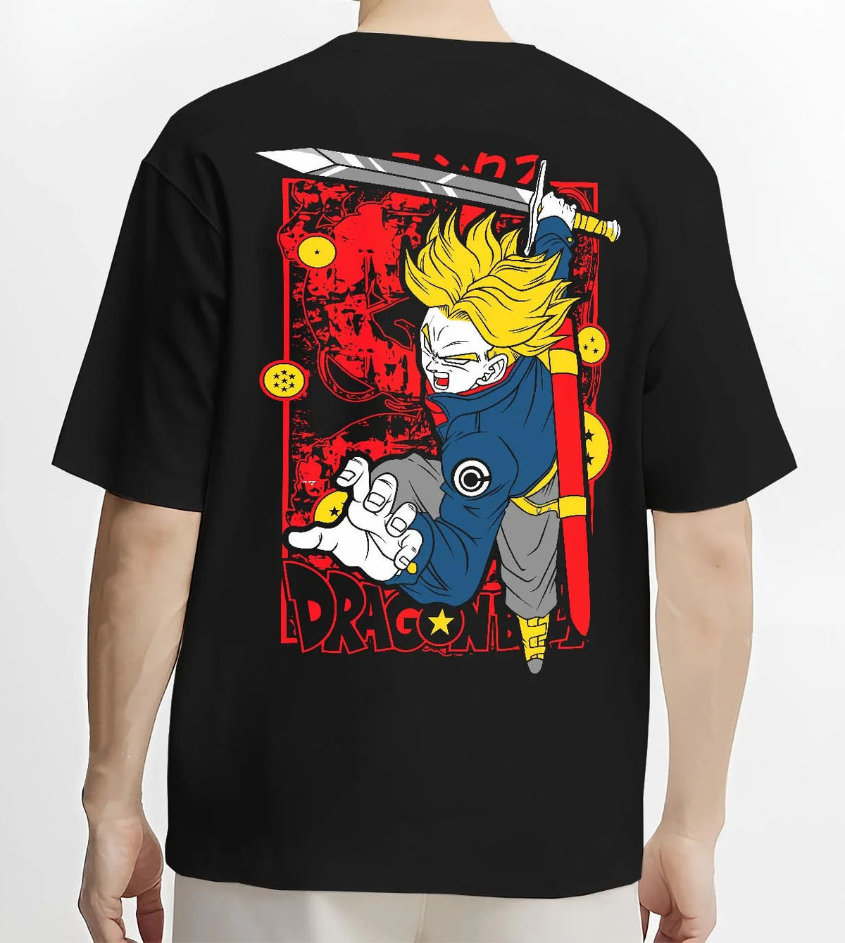 Black T-shirt worn by male model from the back featuring Future Trunks Super Saiyan Rage Dragon Ball Super artwork.
