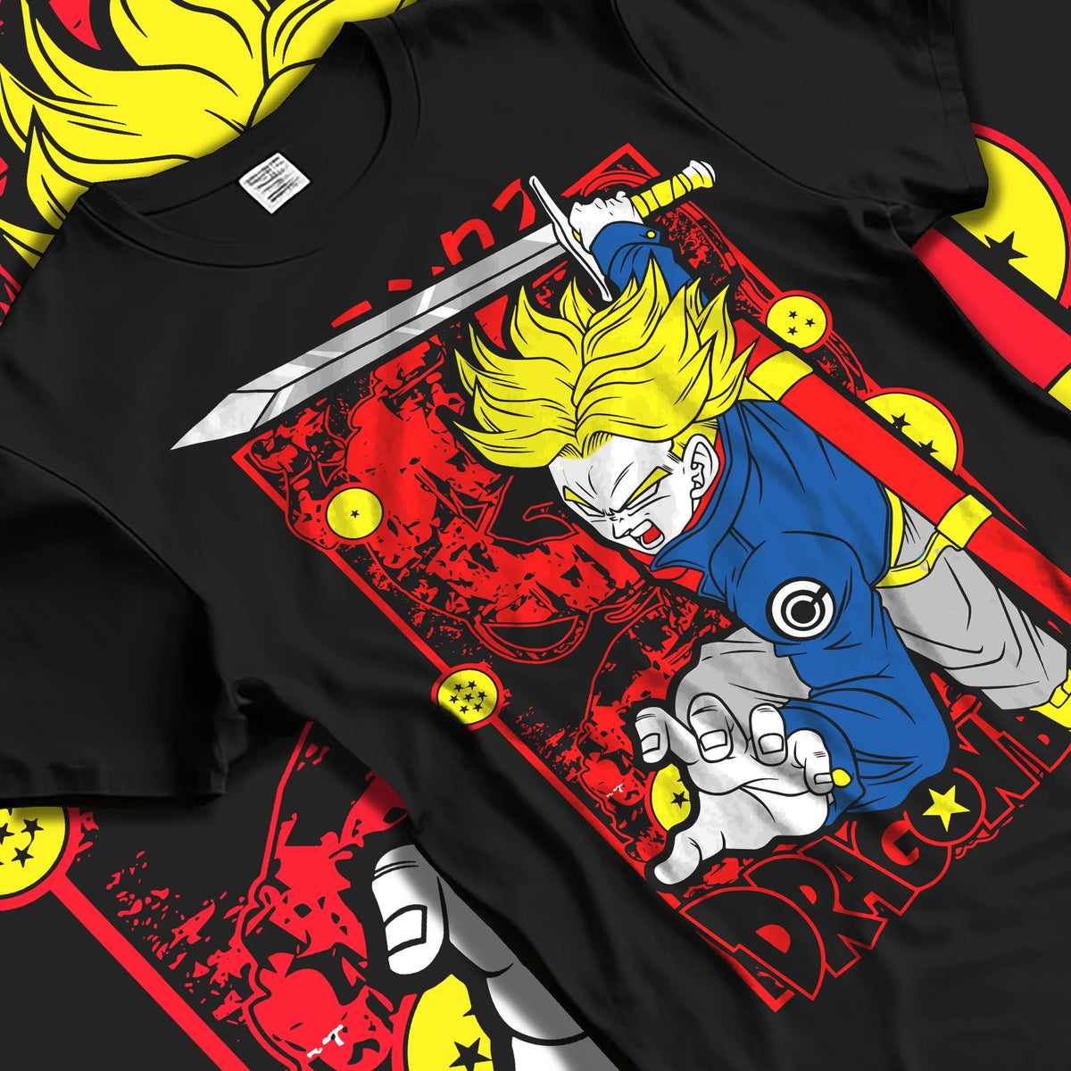 Black T-shirt laid flat with natural folds featuring Future Trunks Super Saiyan Rage Dragon Ball Super artwork.