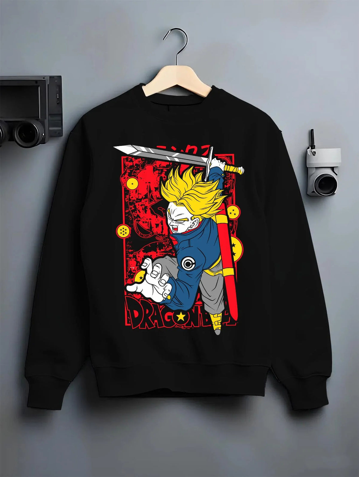 Black crewneck sweatshirt on hanger featuring Future Trunks Super Saiyan Rage Dragon Ball Super artwork.