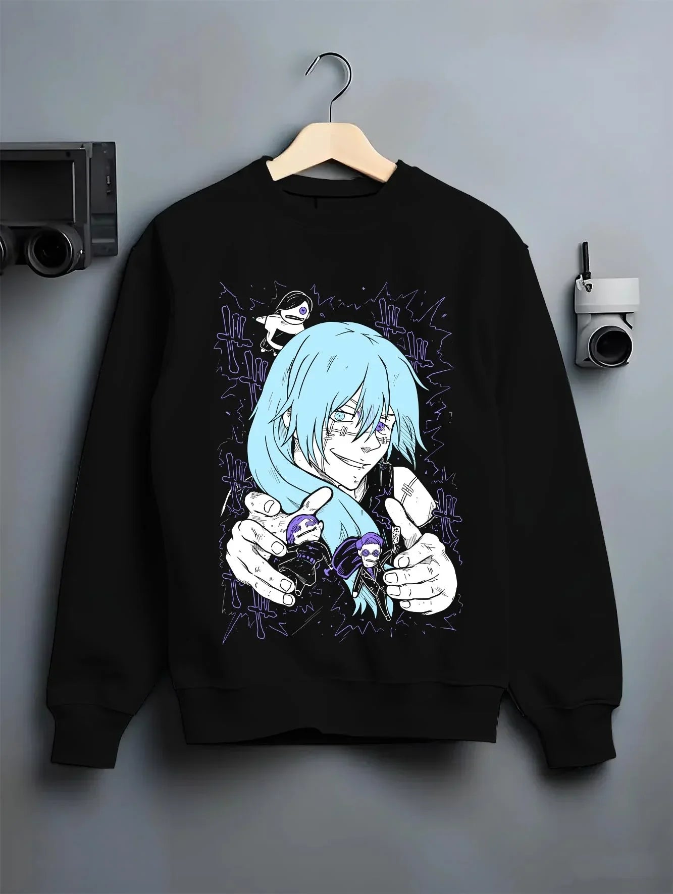Black crewneck sweatshirt on hanger with Satoru Gojo Hoodie Jujutsu Kaisen Infinity Power graphic streetwear graphic.