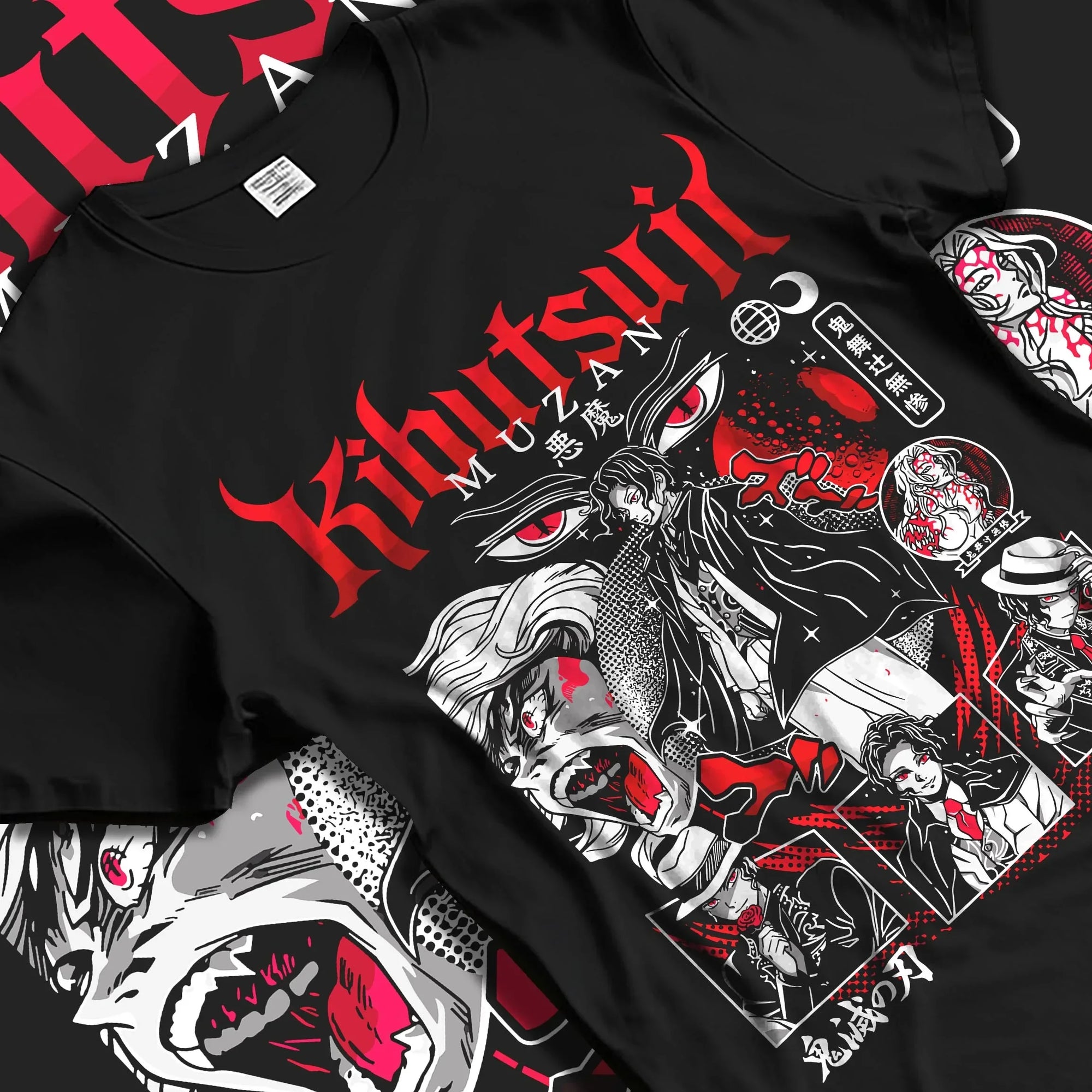 Black T-shirt laid flat with natural folds with Muzan Kibutsuji Hoodie Demon Slayer Villain Form graphic bold anime graphic.
