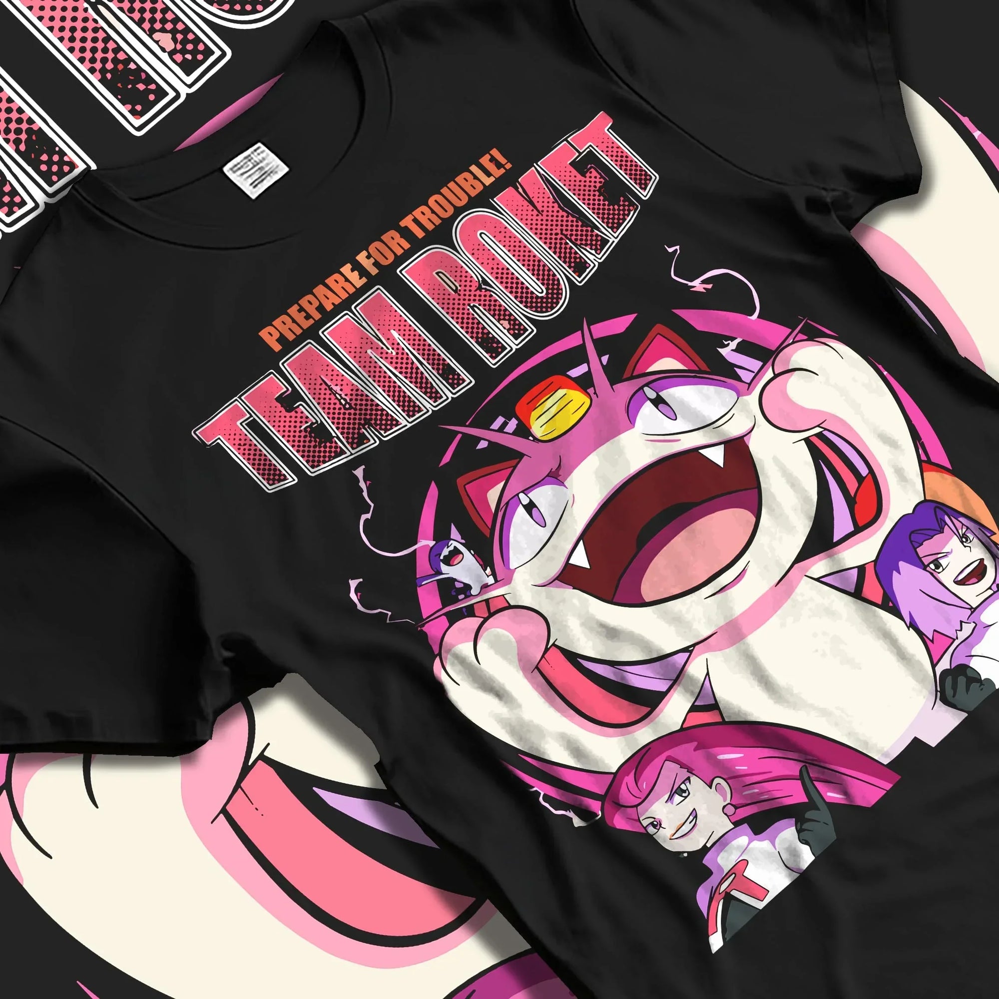 Black T-shirt laid flat with natural folds with Team Rocket Hoodie Pokémon Jessie James Meowth Evil graphic bold anime graphic.