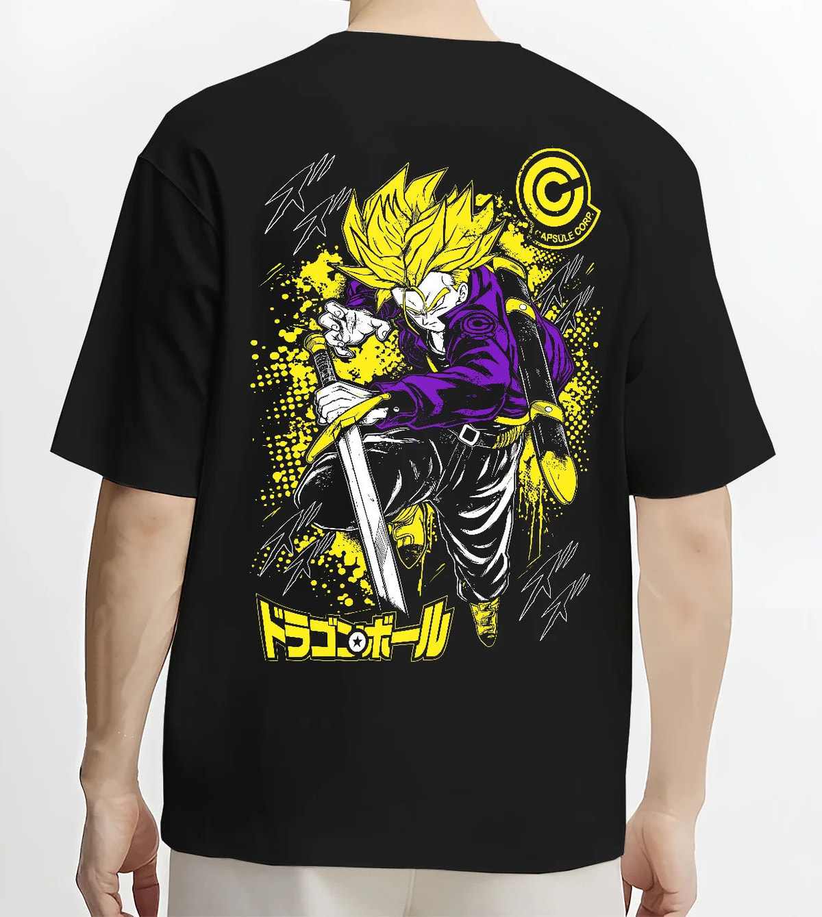 Black T-shirt model back view showing Future Trunks from Dragon Ball: Super Saiyan sword pose