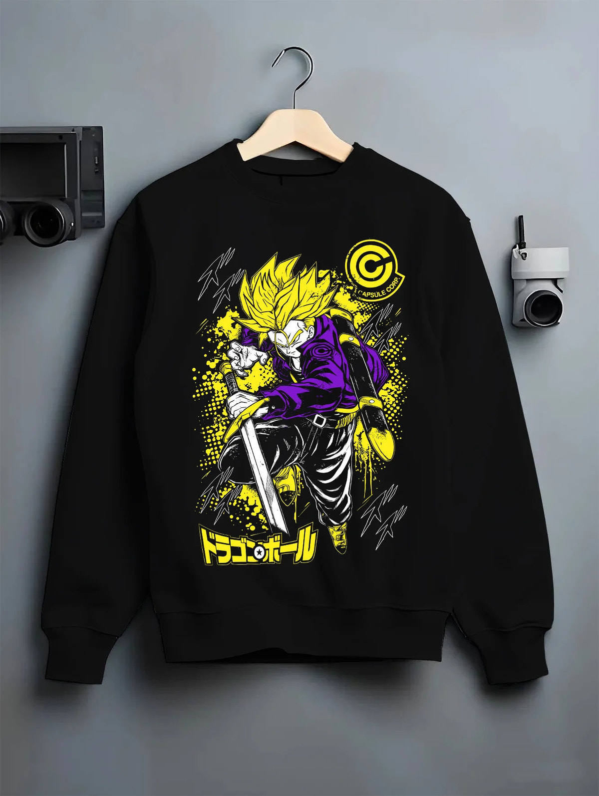 Black crewneck sweatshirt on hanger showing Future Trunks from Dragon Ball: Super Saiyan sword pose