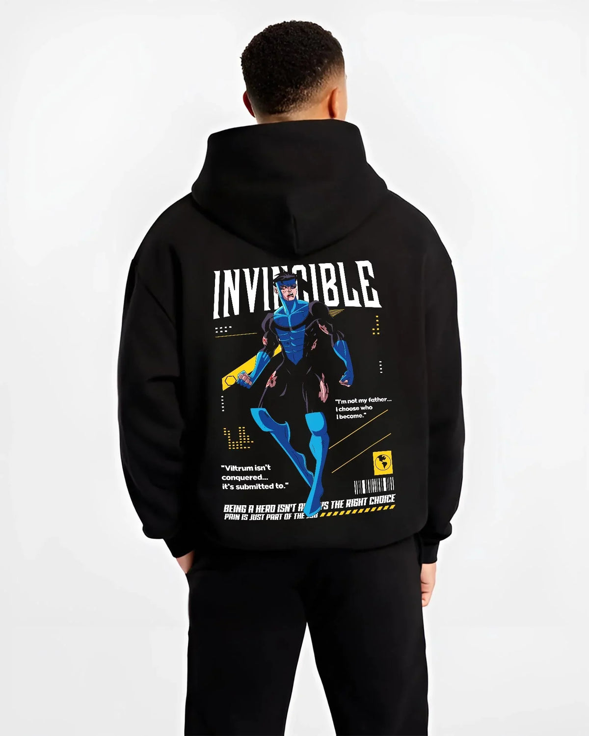 Black hoodie worn by male model, back view with Invincible Hoodie Omni Man Mark Grayson Superhero graphic premium wear.
