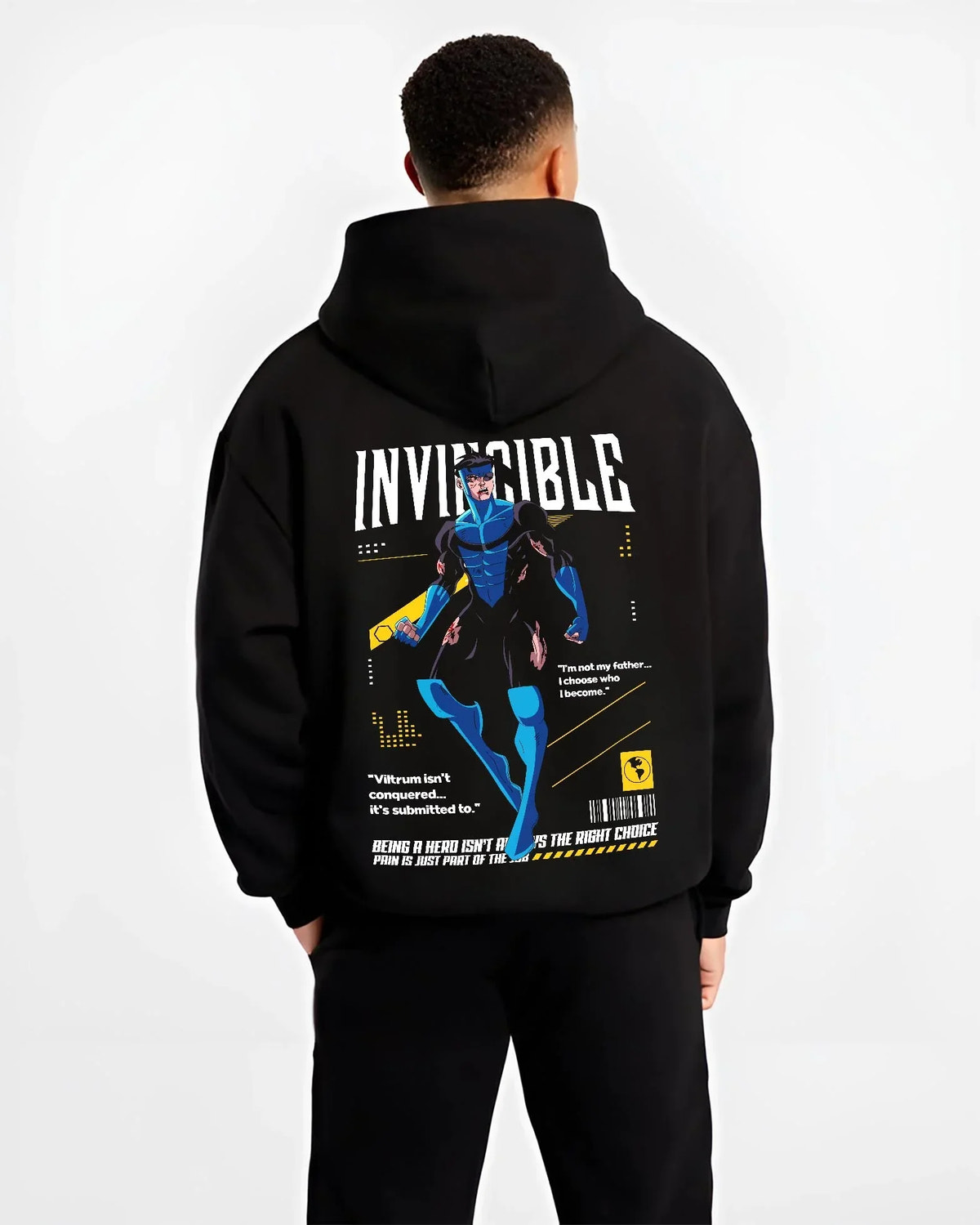 Black hoodie worn by male model, back view with Invincible Hoodie Omni Man Mark Grayson Superhero graphic premium wear.