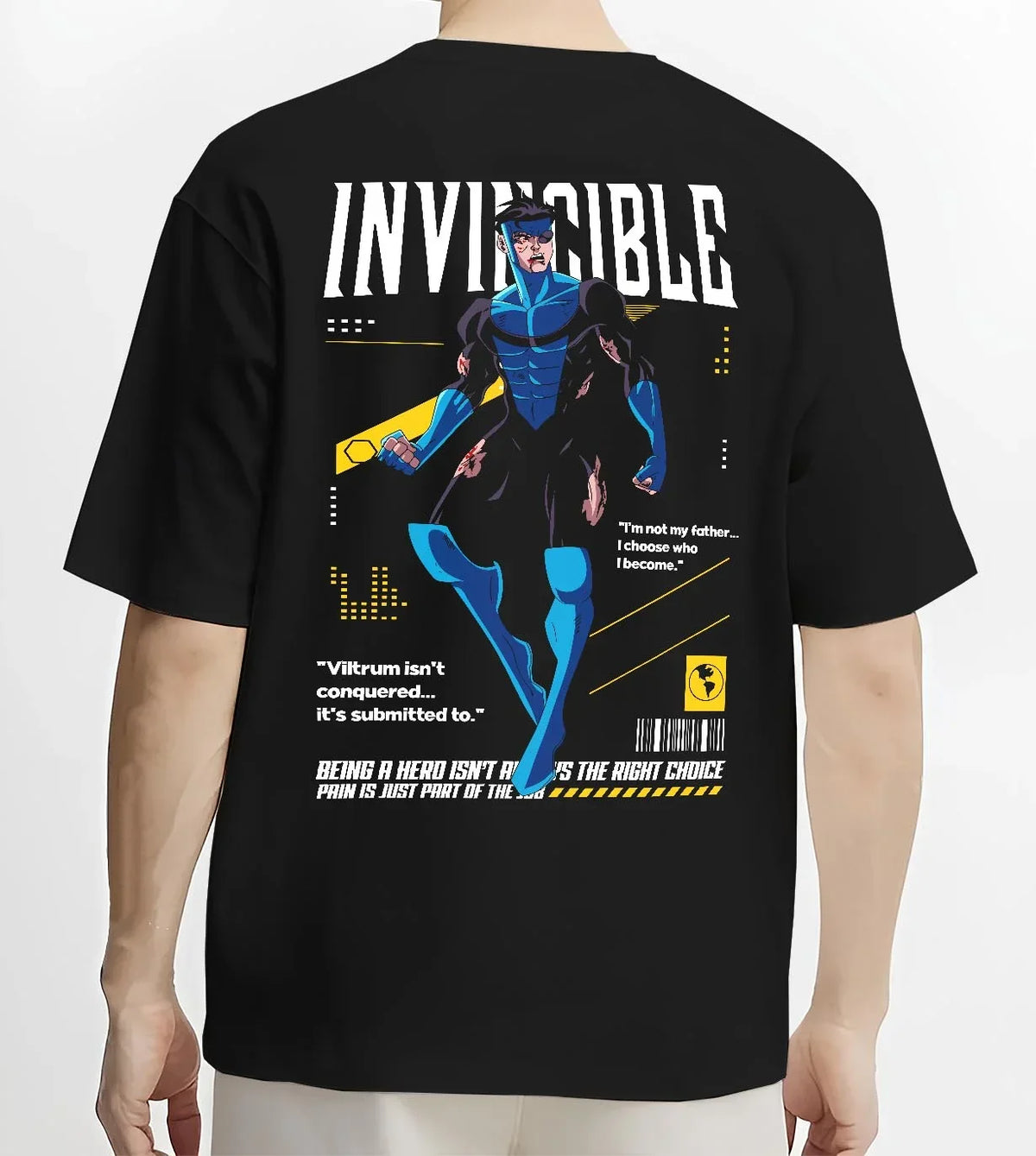 Black T-shirt worn by male model, back view with Invincible Hoodie Omni Man Mark Grayson Superhero graphic premium wear.