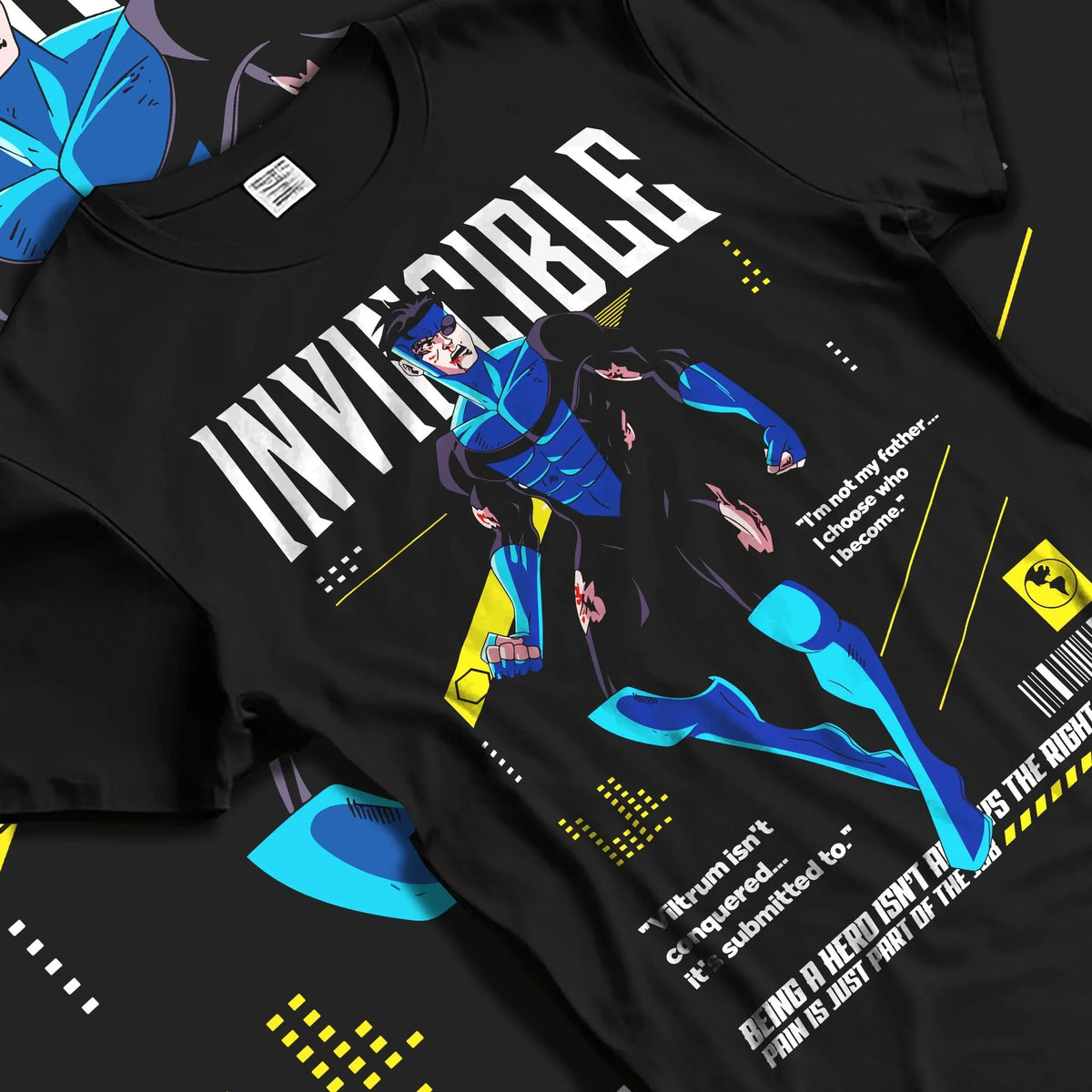 Black T-shirt laid flat with natural folds with Invincible Hoodie Omni Man Mark Grayson Superhero graphic premium wear.