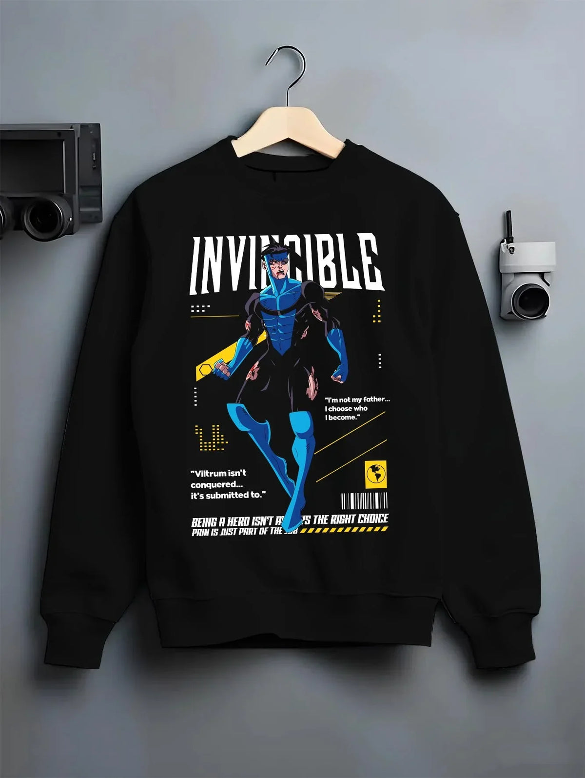 Black crewneck sweatshirt on hanger with Invincible Hoodie Omni Man Mark Grayson Superhero graphic streetwear graphic.