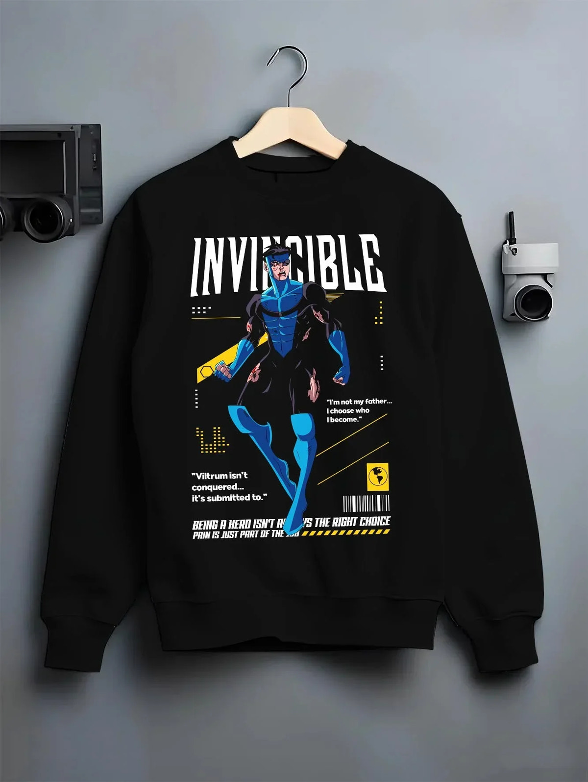 Black crewneck sweatshirt on hanger with Invincible Hoodie Omni Man Mark Grayson Superhero graphic streetwear graphic.