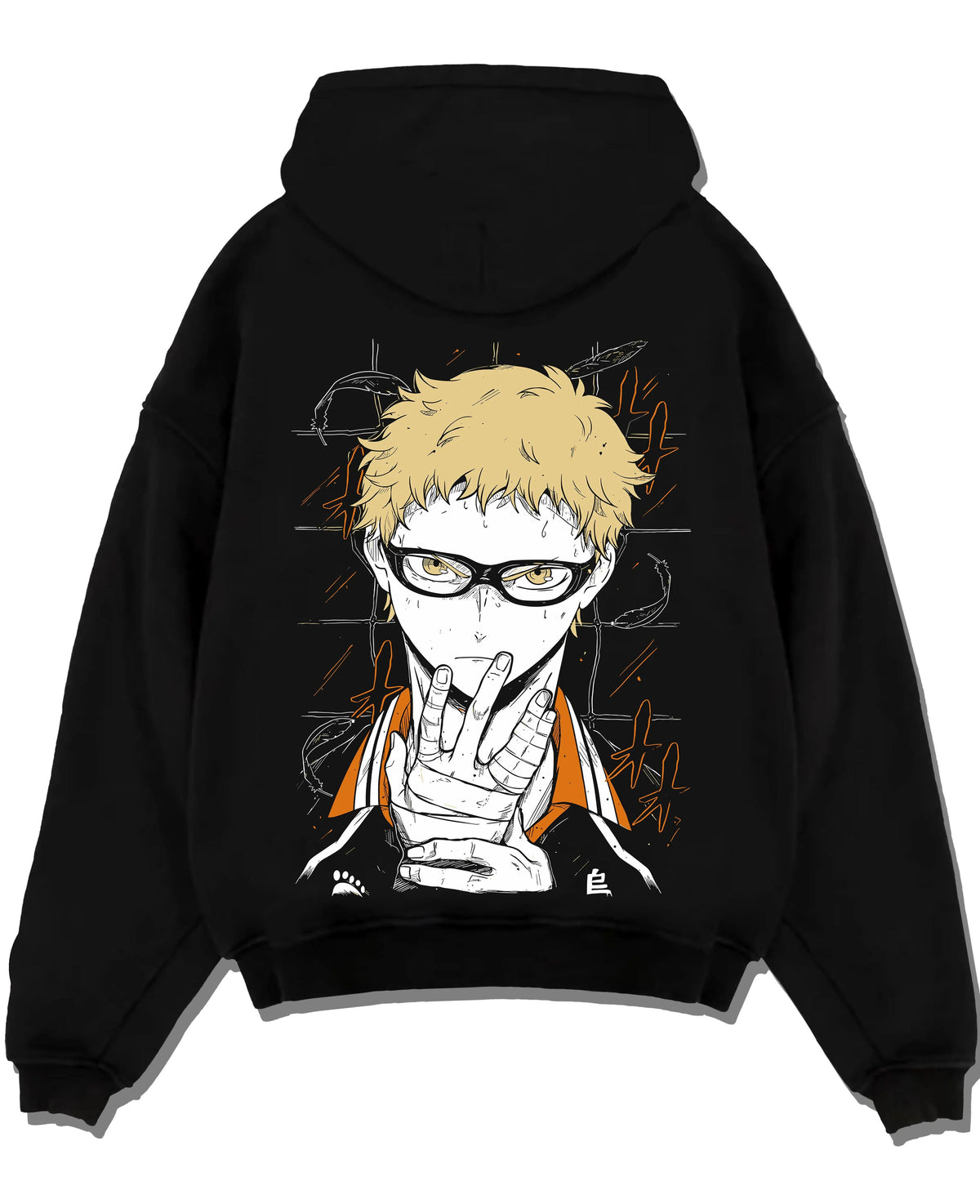 Black hoodie laid flat featuring Kei Tsukishima Karasuno blocker Haikyuu artwork.