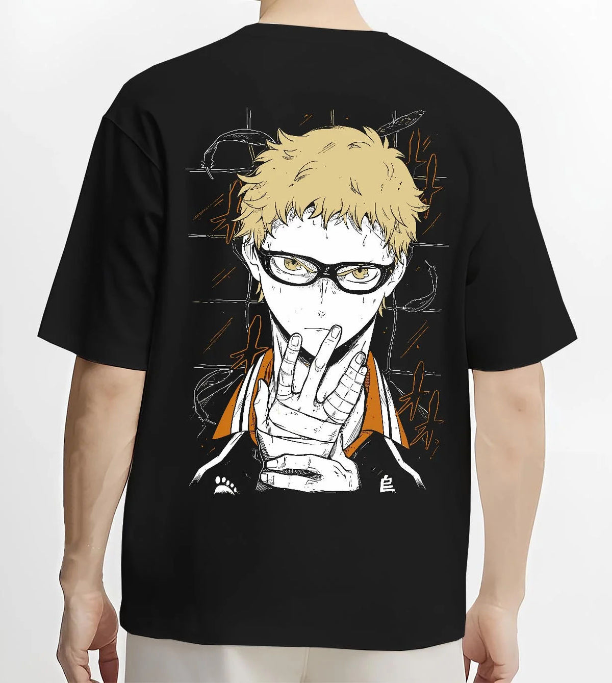 Black T-shirt worn by male model from the back featuring Kei Tsukishima Karasuno blocker Haikyuu artwork.