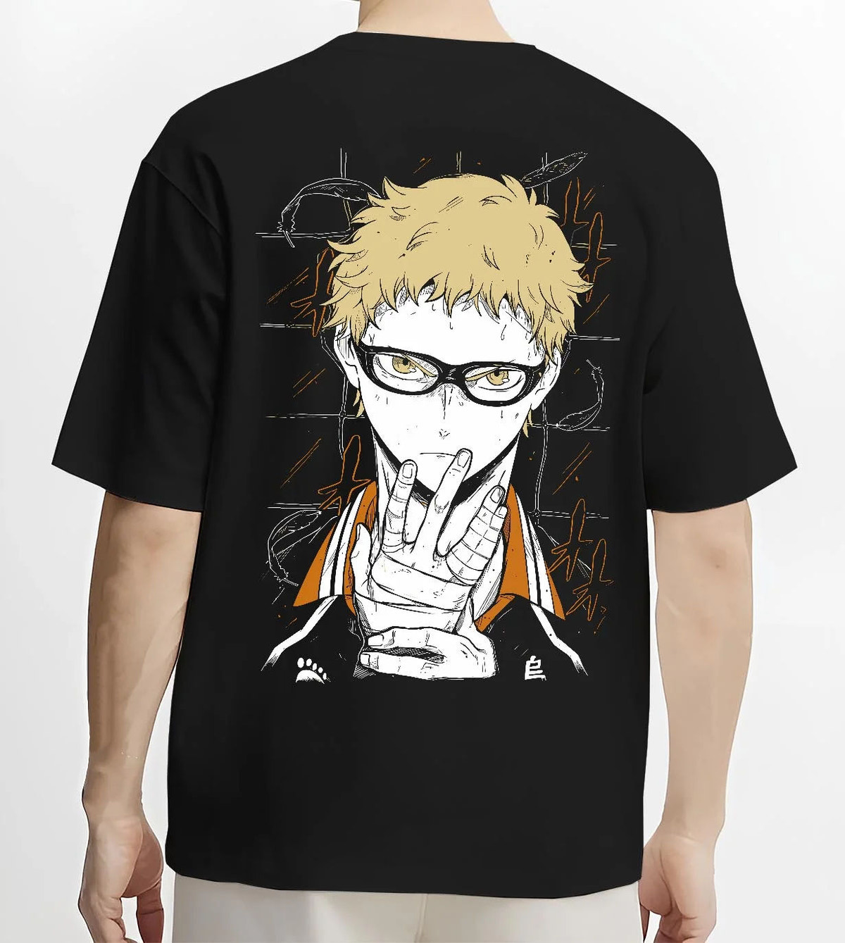 Black T-shirt worn by male model from the back featuring Kei Tsukishima Karasuno blocker Haikyuu artwork.