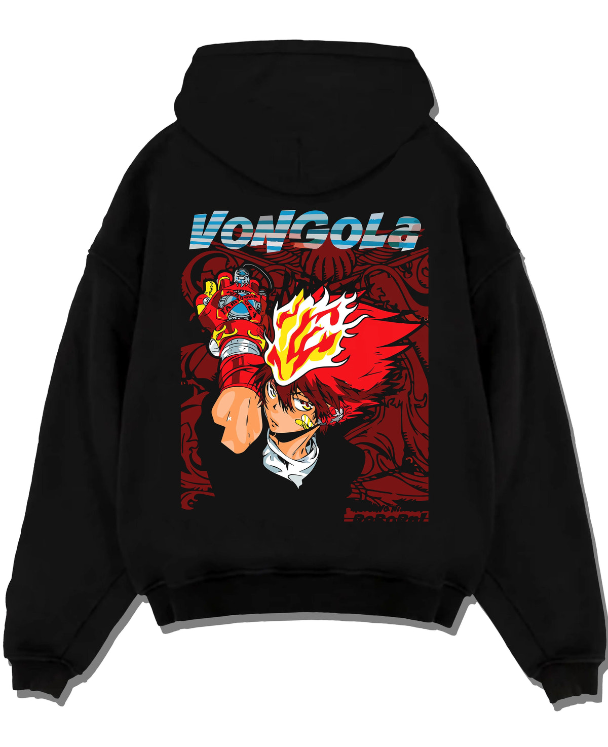 Black hoodie laid flat featuring Tsuna Sawada Vongola Flame Katekyo Hitman Reborn artwork.