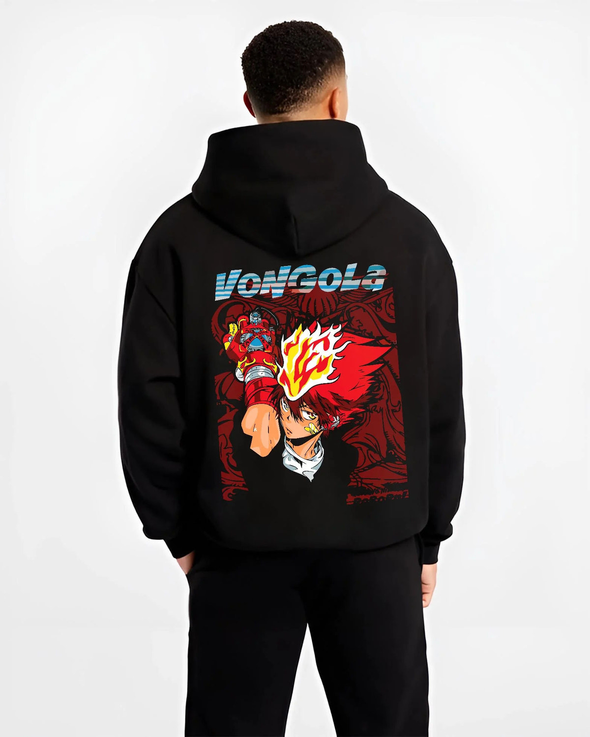 Black hoodie worn by male model from the back featuring Tsuna Sawada Vongola Flame Katekyo Hitman Reborn artwork.