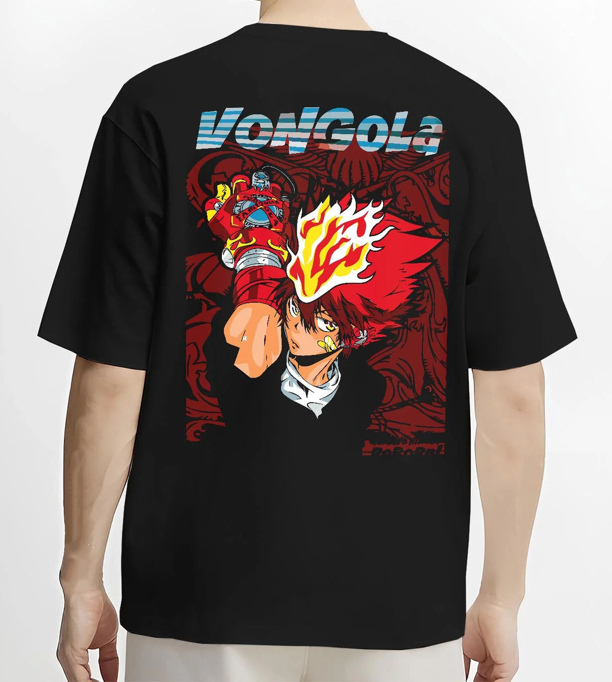 Black T-shirt worn by male model from the back featuring Tsuna Sawada Vongola Flame Katekyo Hitman Reborn artwork.