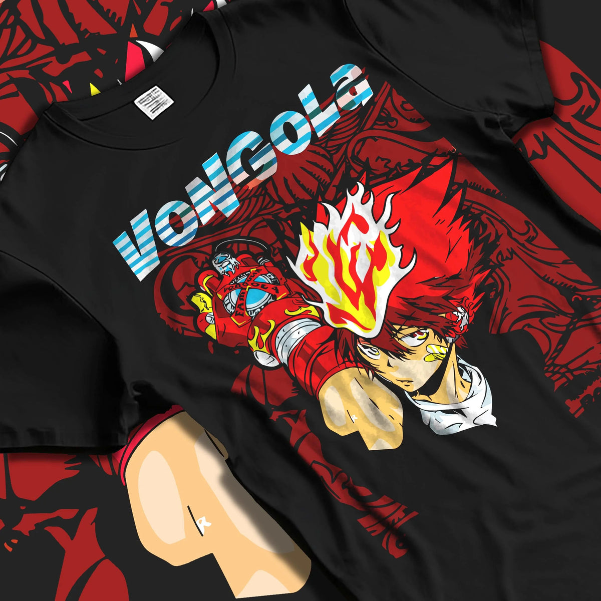 Black T-shirt laid flat with natural folds featuring Tsuna Sawada Vongola Flame Katekyo Hitman Reborn artwork.