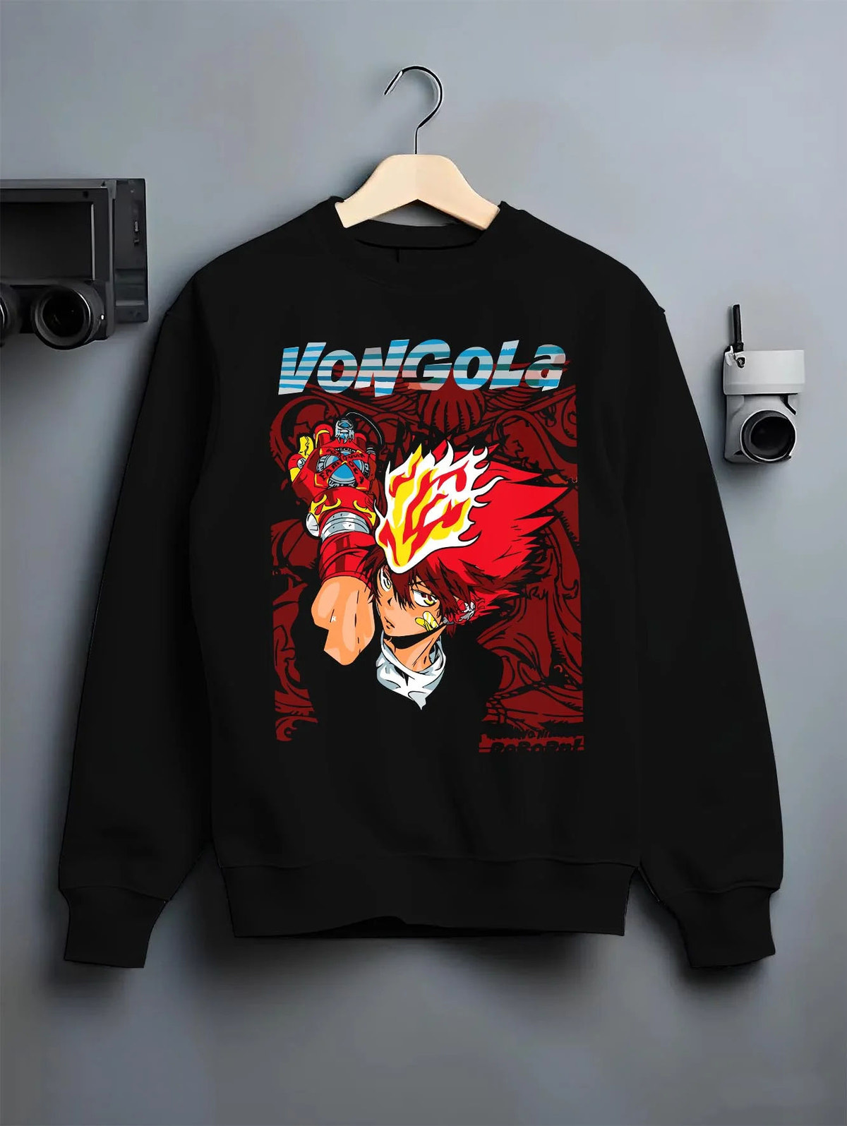 Black crewneck sweatshirt on hanger featuring Tsuna Sawada Vongola Flame Katekyo Hitman Reborn artwork.