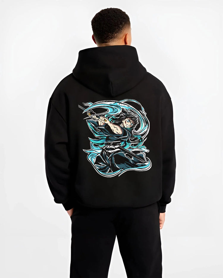 Black hoodie worn by male model from the back featuring Muichiro Tokito mist sword battle Demon Slayer artwork.