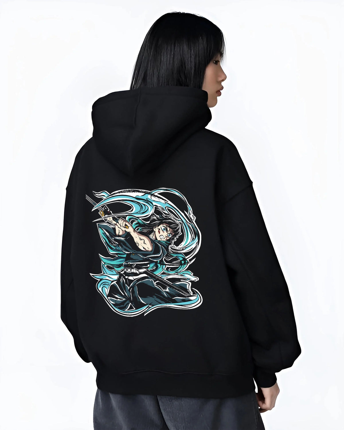 Black hoodie worn by female model from the back featuring Muichiro Tokito mist sword battle Demon Slayer artwork.