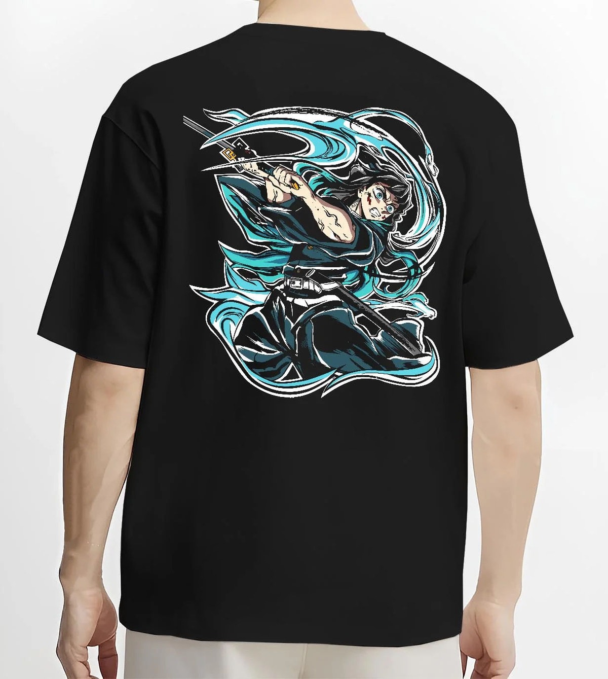 Black T-shirt worn by male model from the back featuring Muichiro Tokito mist sword battle Demon Slayer artwork.
