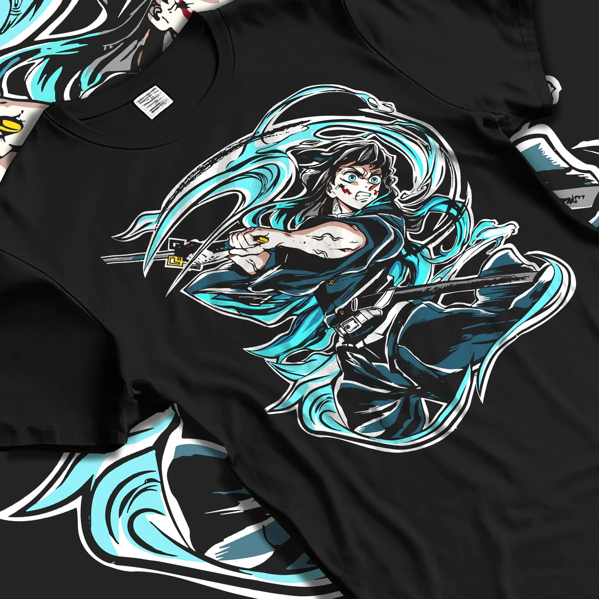 Black T-shirt laid flat with natural folds featuring Muichiro Tokito mist sword battle Demon Slayer artwork.