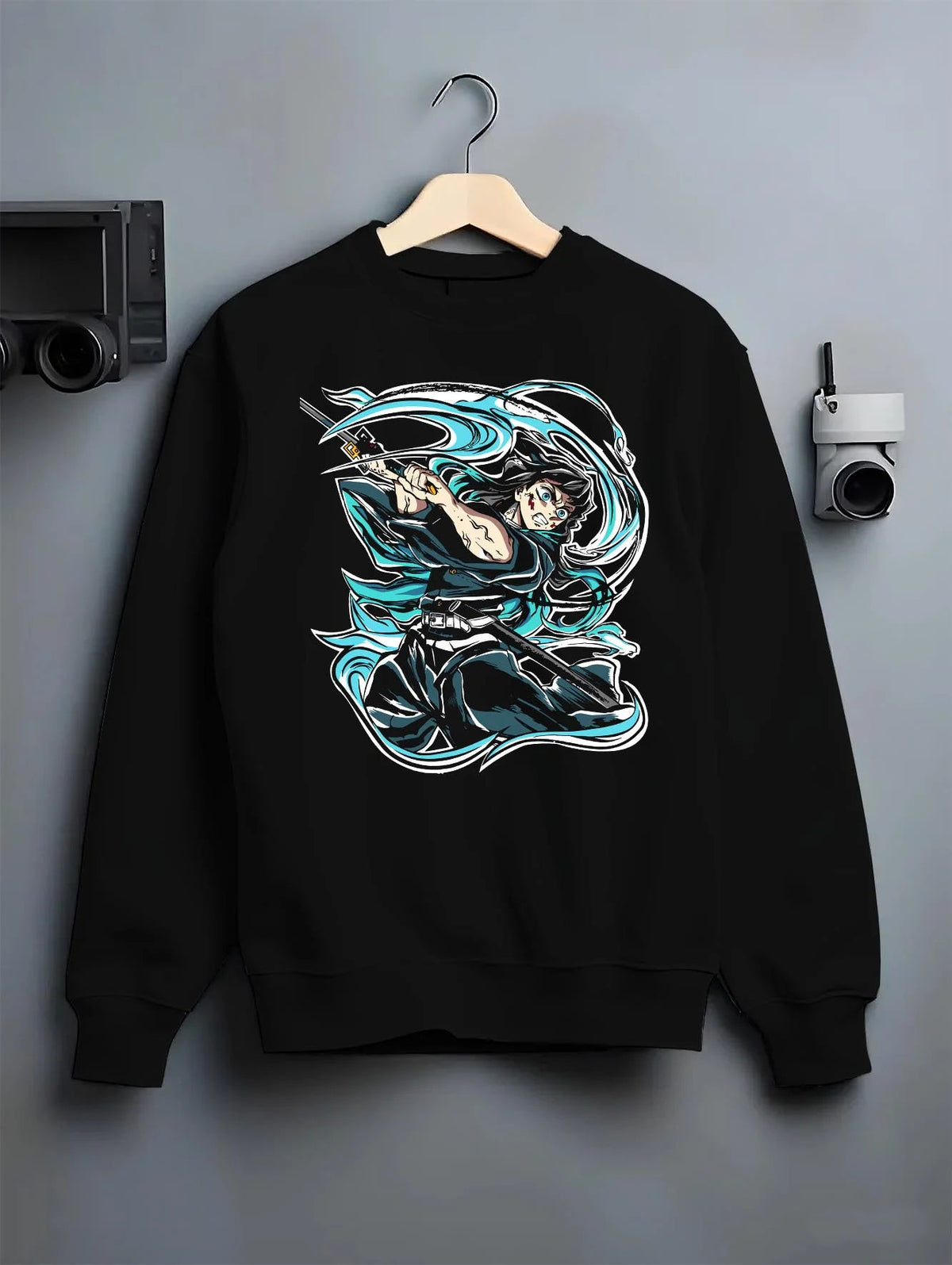 Black crewneck sweatshirt on hanger featuring Muichiro Tokito mist sword battle Demon Slayer artwork.