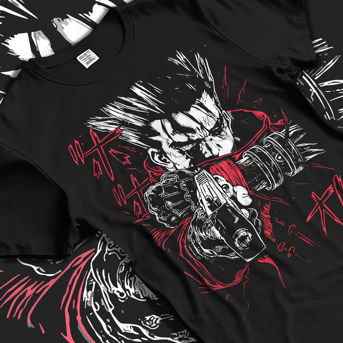 Black T-shirt laid flat with natural fabric folds, featuring Trigun anime poster inspired design of Vash the Stampede aiming his gun in red accent style.