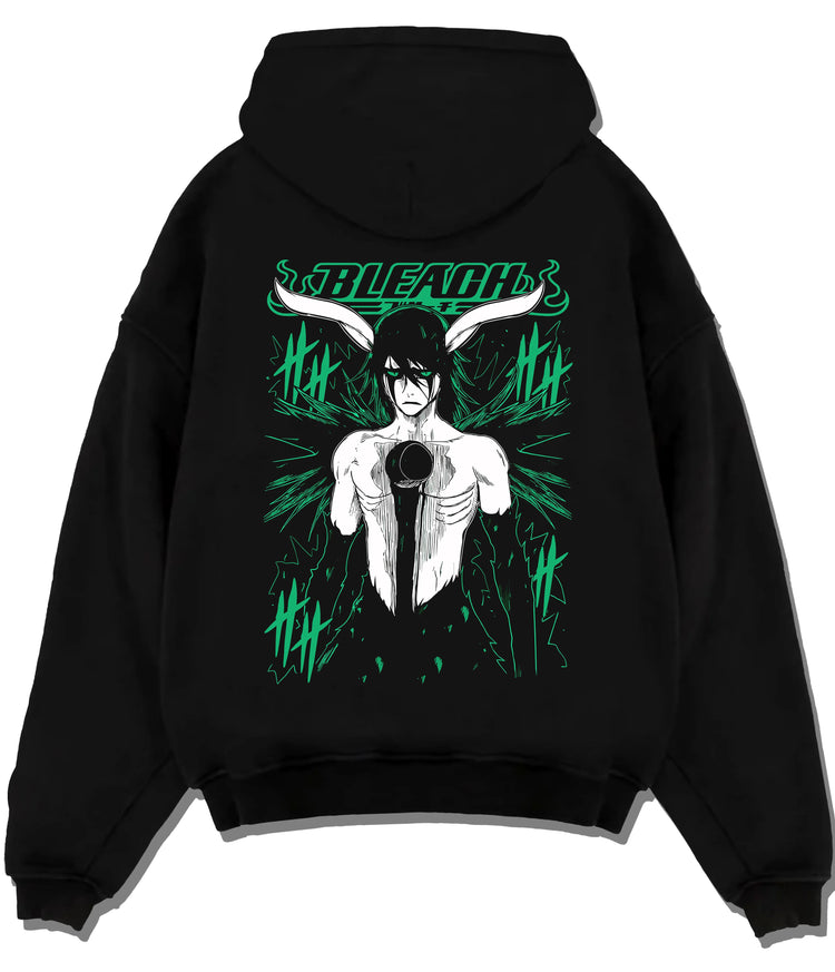 Black hoodie flat back view showing Ulquiorra Cifer from Bleach: Hollow form character print