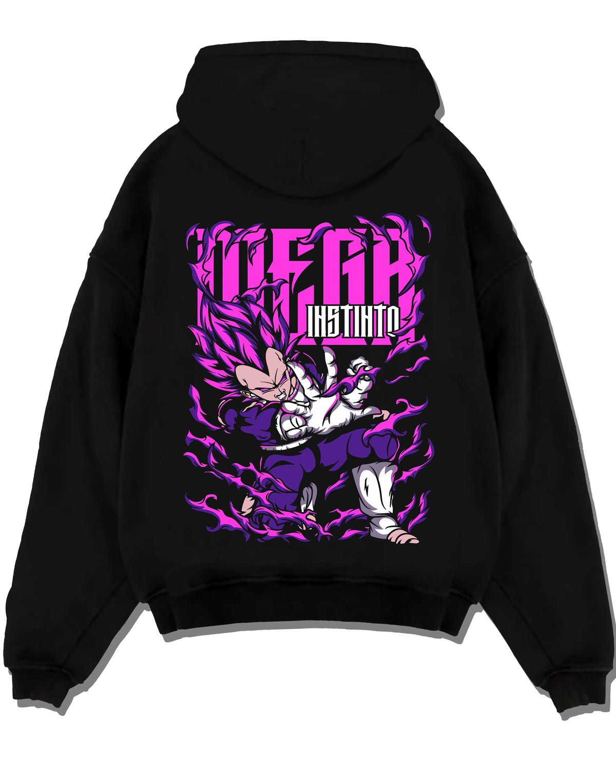 Black hoodie laid flat featuring Vegeta Ultra Ego purple destruction power Dragon Ball Super artwork.