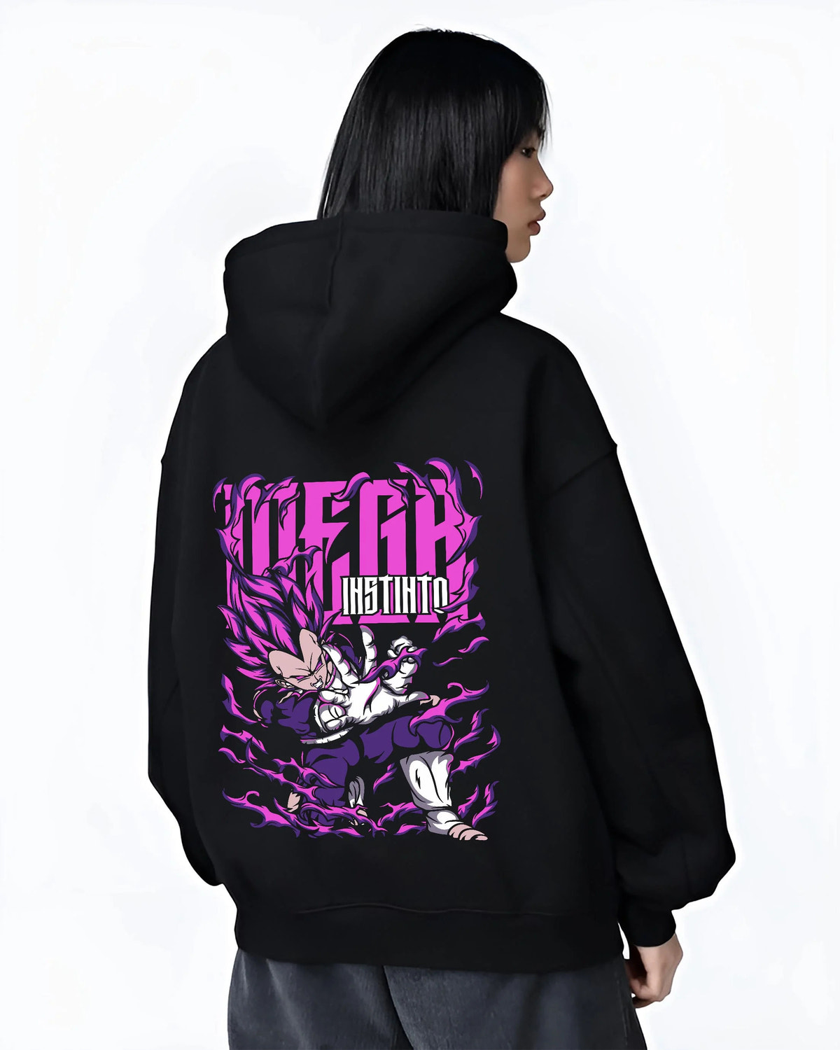 Black hoodie worn by female model from the back featuring Vegeta Ultra Ego purple destruction power Dragon Ball Super artwork.