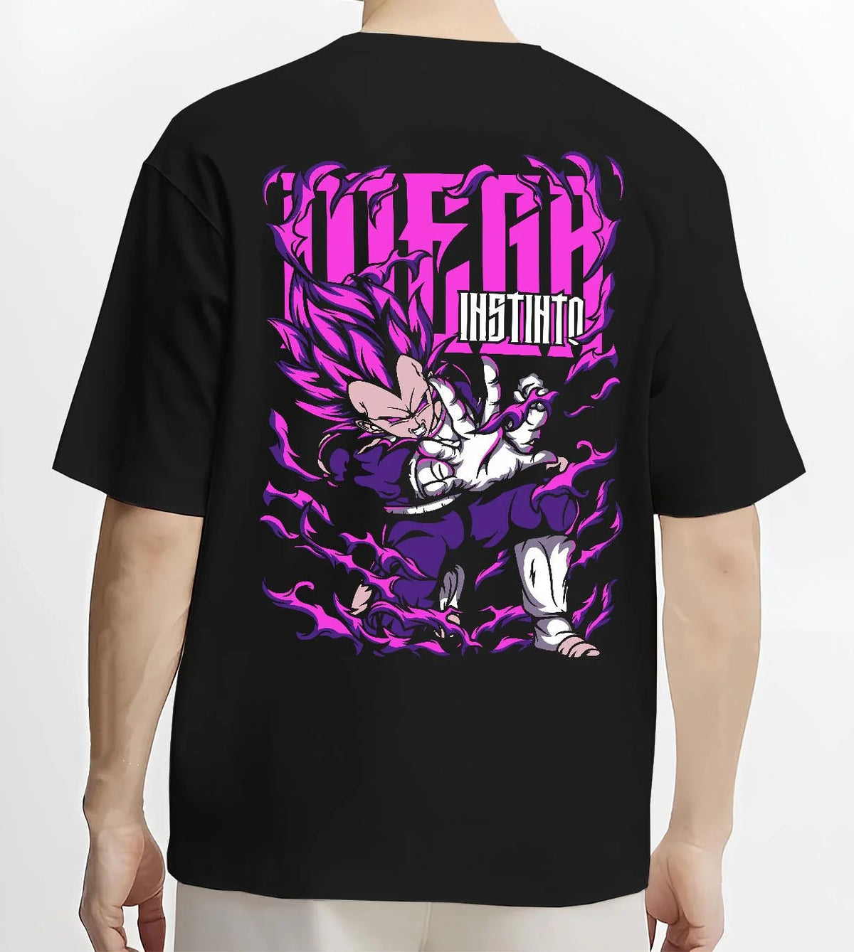 Black T-shirt worn by male model from the back featuring Vegeta Ultra Ego purple destruction power Dragon Ball Super artwork.