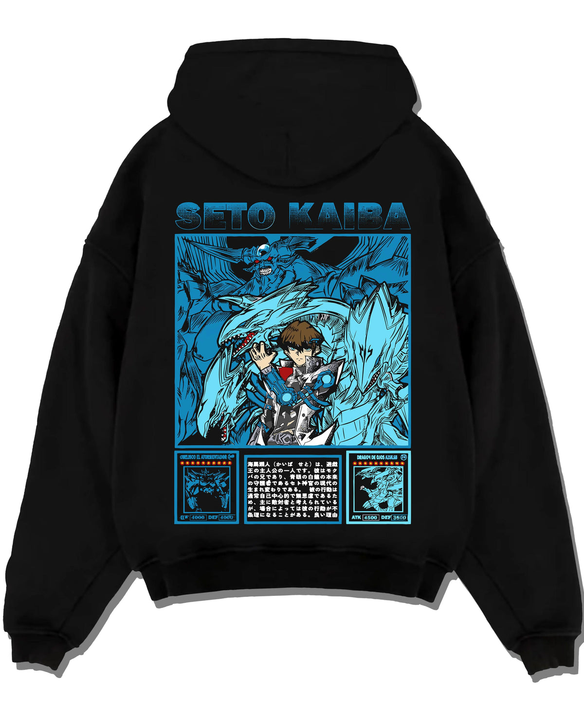 Black hoodie laid flat featuring Seto Kaiba Blue-Eyes Ultimate Dragon Yu-Gi-Oh! artwork.