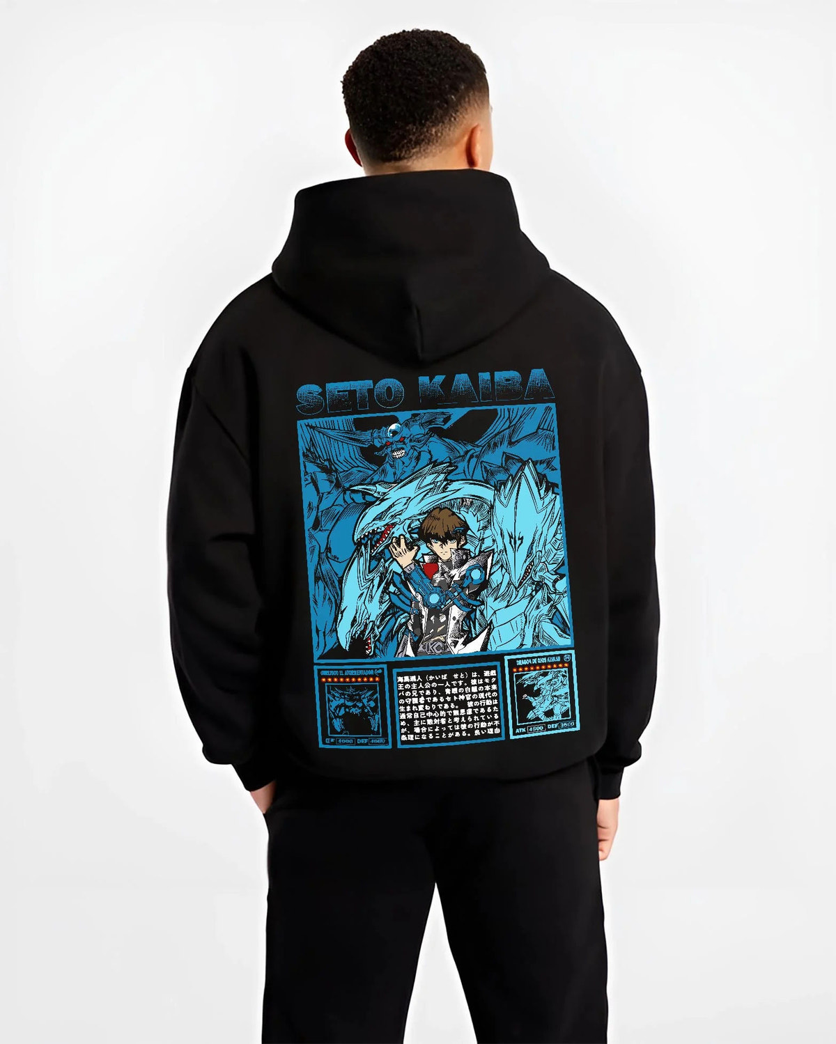 Black hoodie worn by male model from the back featuring Seto Kaiba Blue-Eyes Ultimate Dragon Yu-Gi-Oh! artwork.